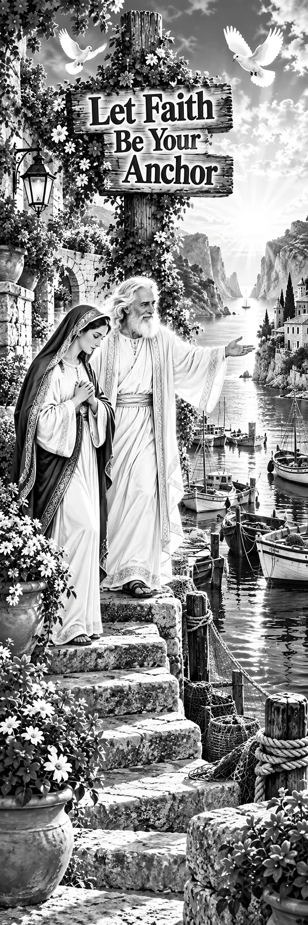 Jesus Christ guides a woman by the water in a scenic setting - AI-generated stock image
