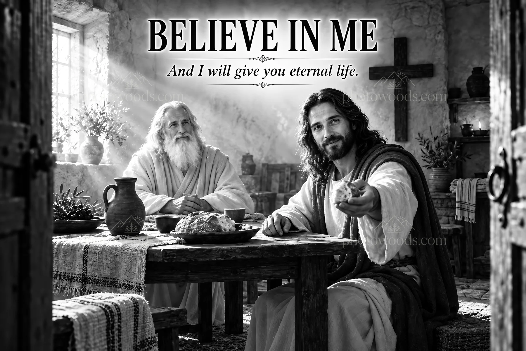 Jesus Christ sharing a meal with a figure and inviting faith - AI-generated stock image