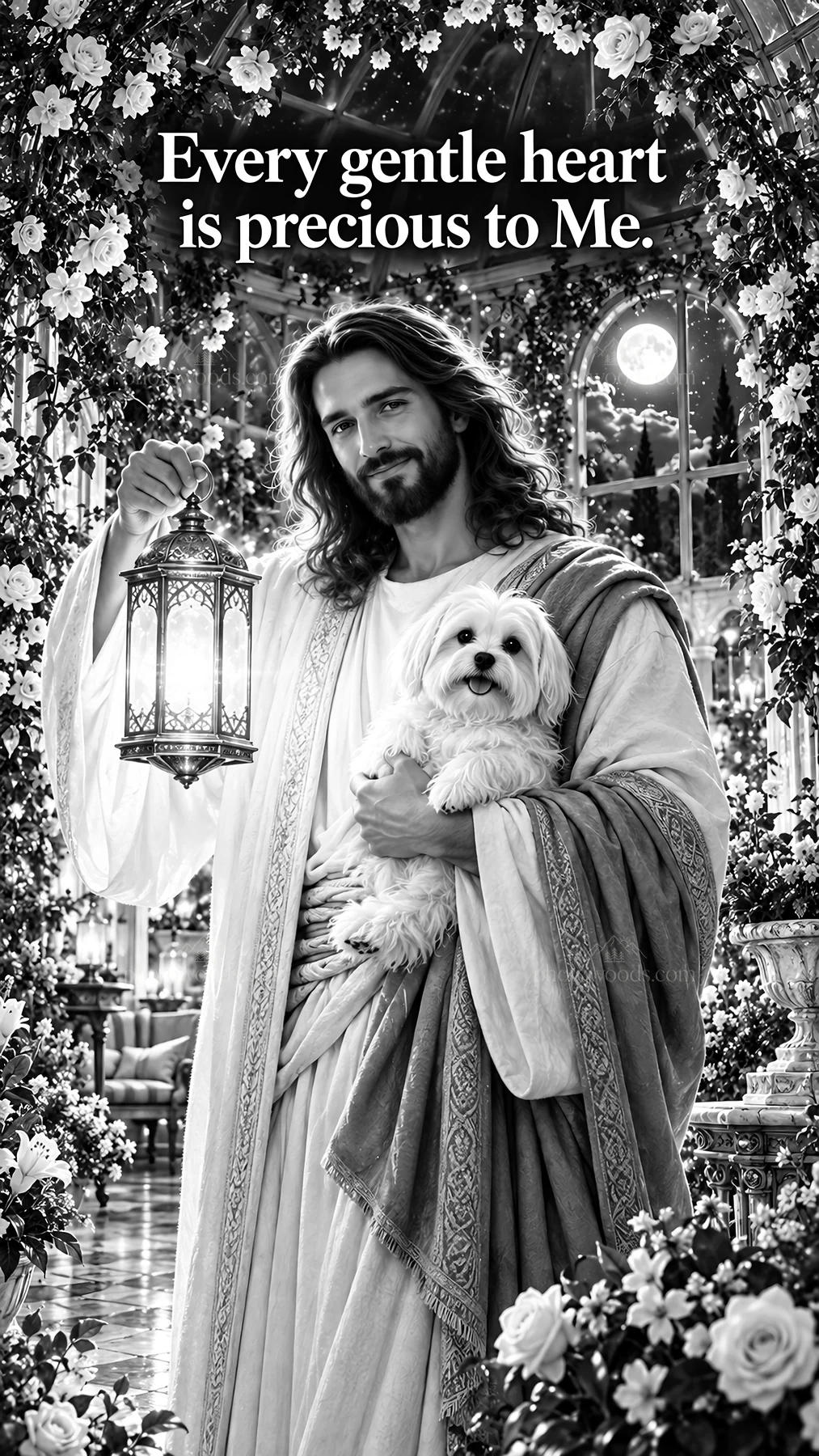 Jesus Christ holds a lantern and a dog in a floral setting - AI-generated stock image