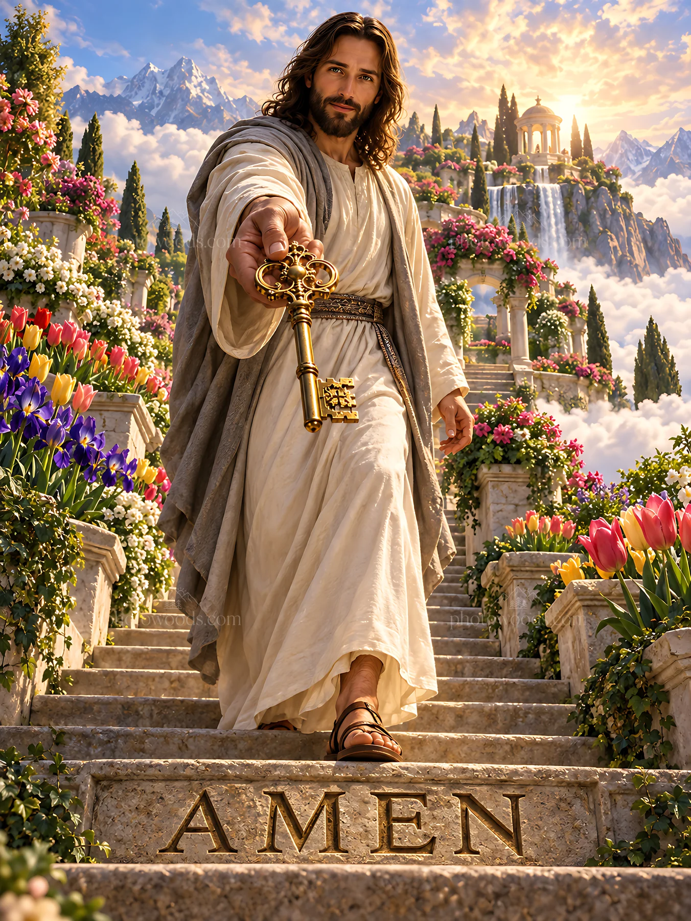Terraces above the clouds with a figure holding a key - AI-generated stock image