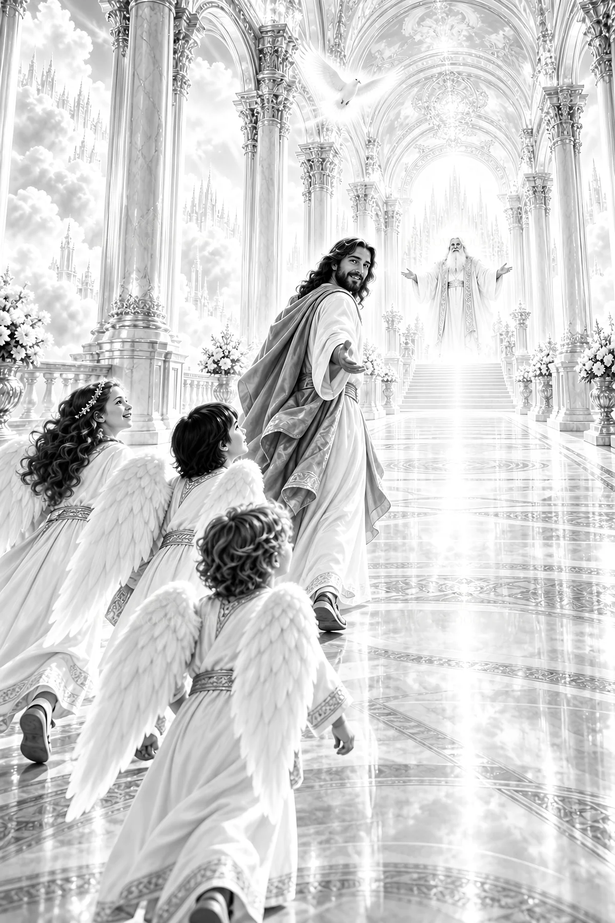 Jesus Christ leads children to the heavenly throne - AI-generated stock image