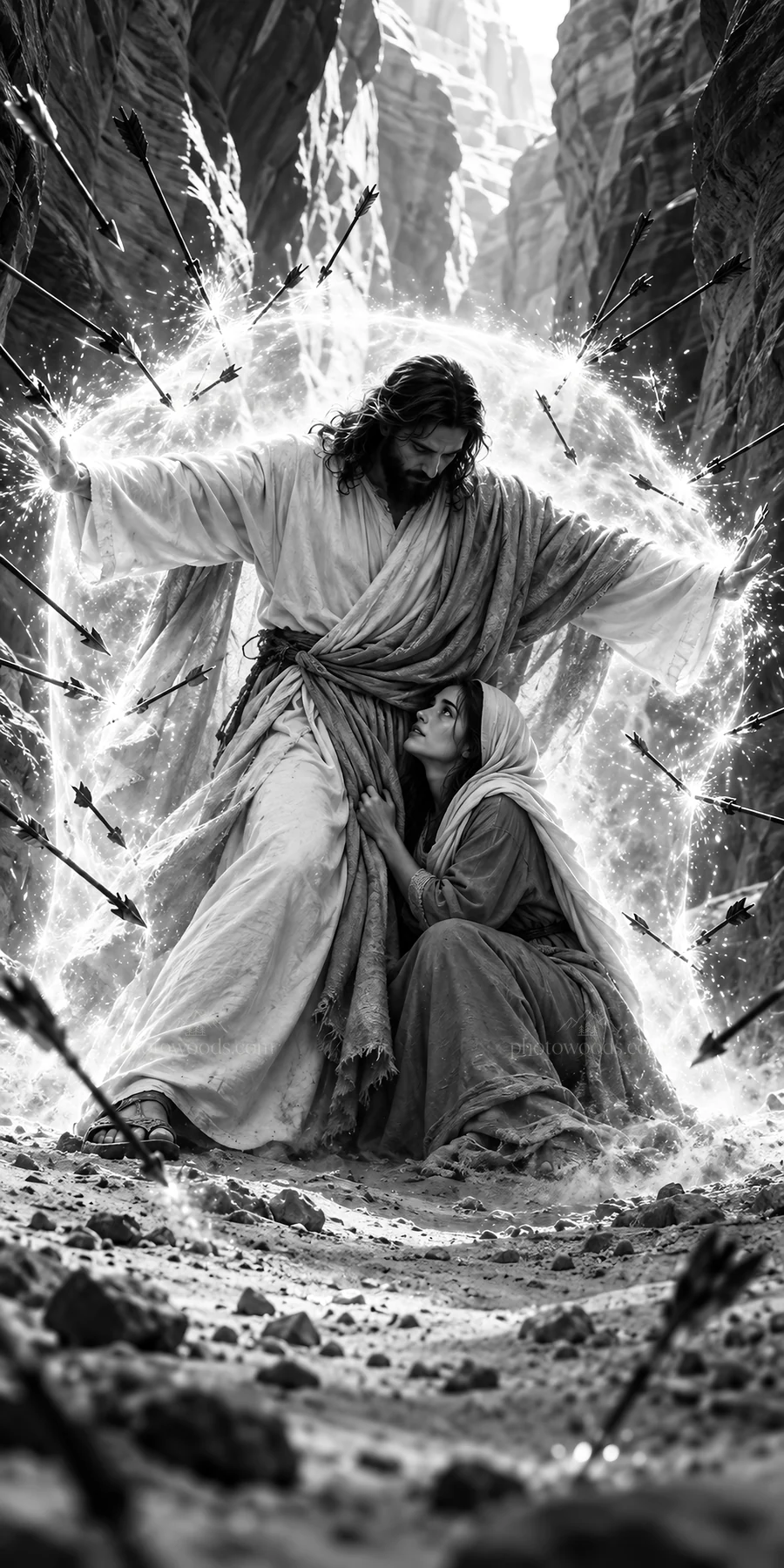 Jesus Christ protects a woman in a moment of crisis - AI-generated stock image