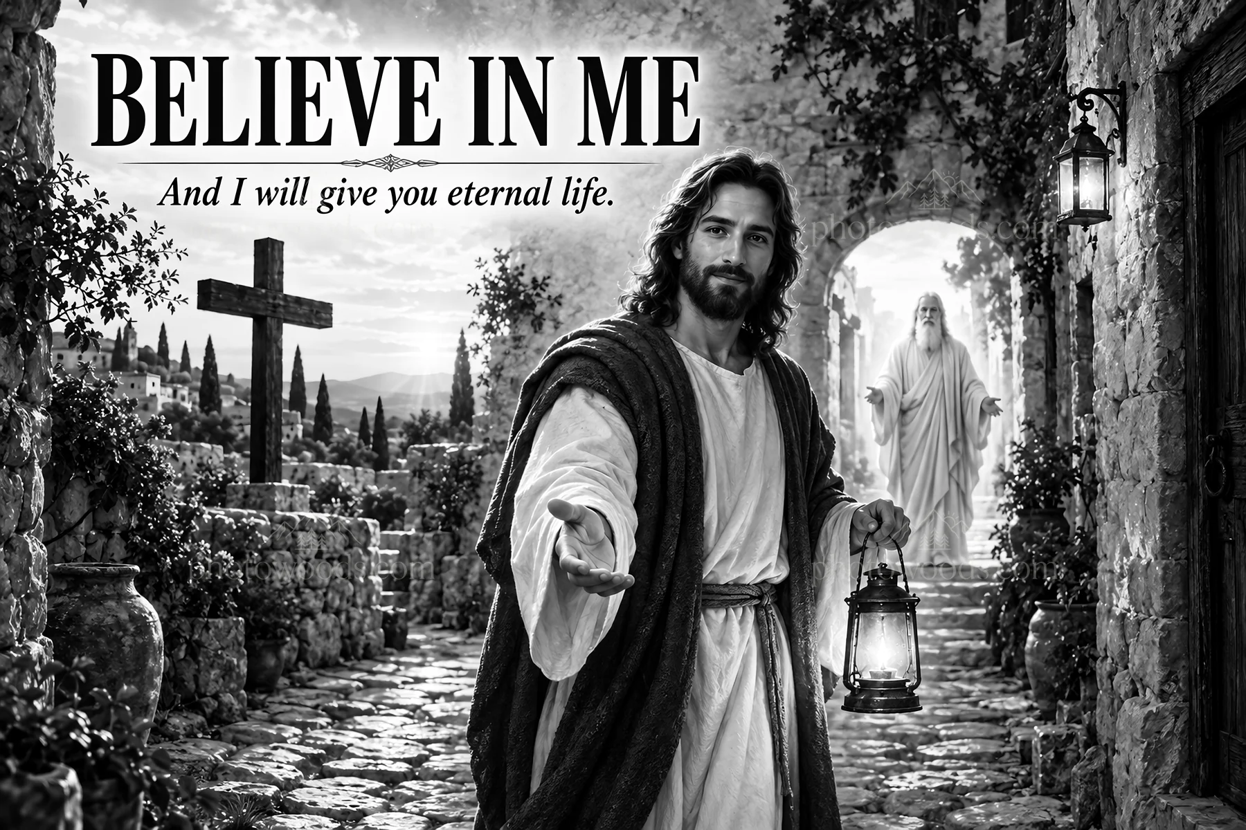 Jesus Christ offering guidance with a lantern in a serene setting - AI-generated stock image