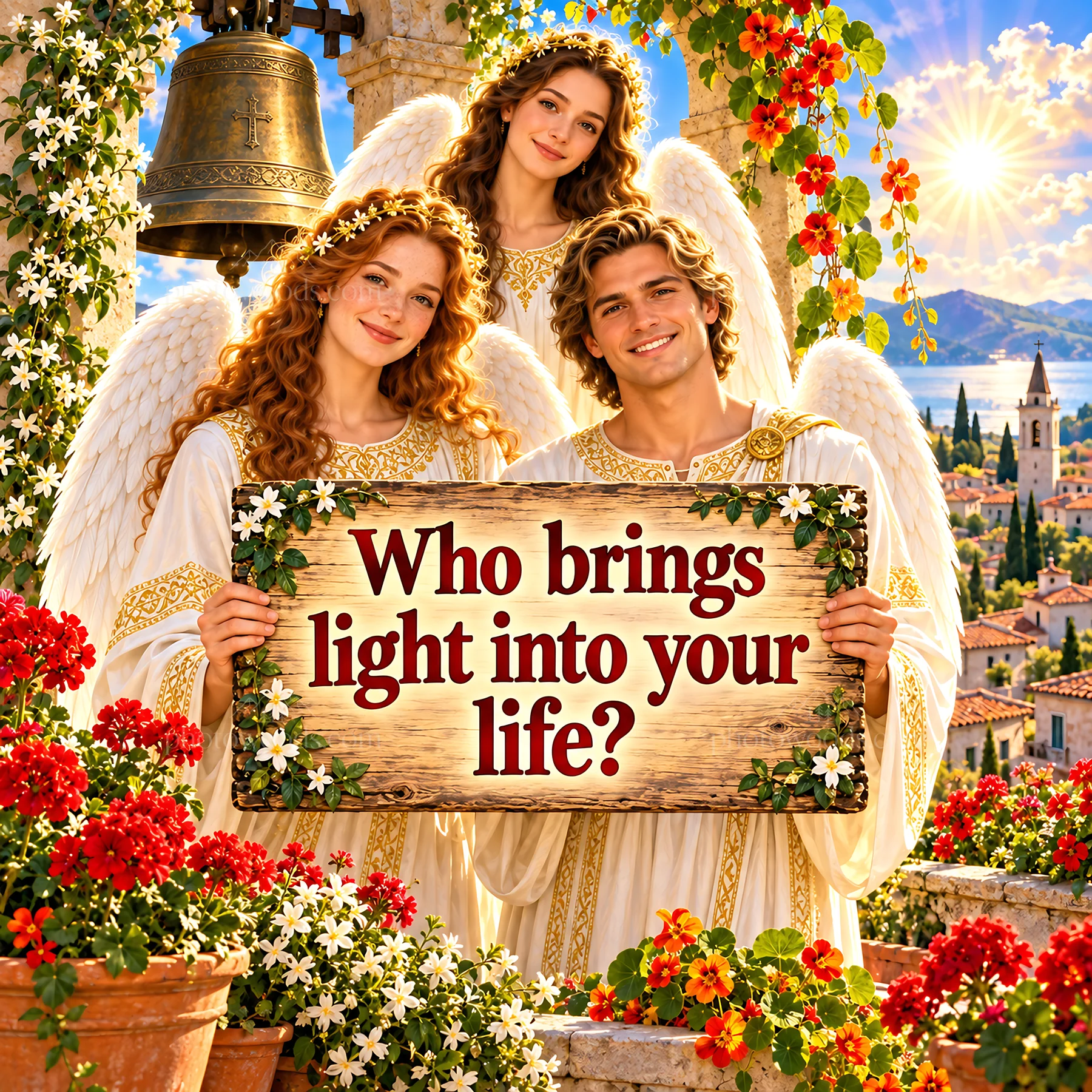 Jesus Christ shares a message of light and hope with angels - AI-generated stock image