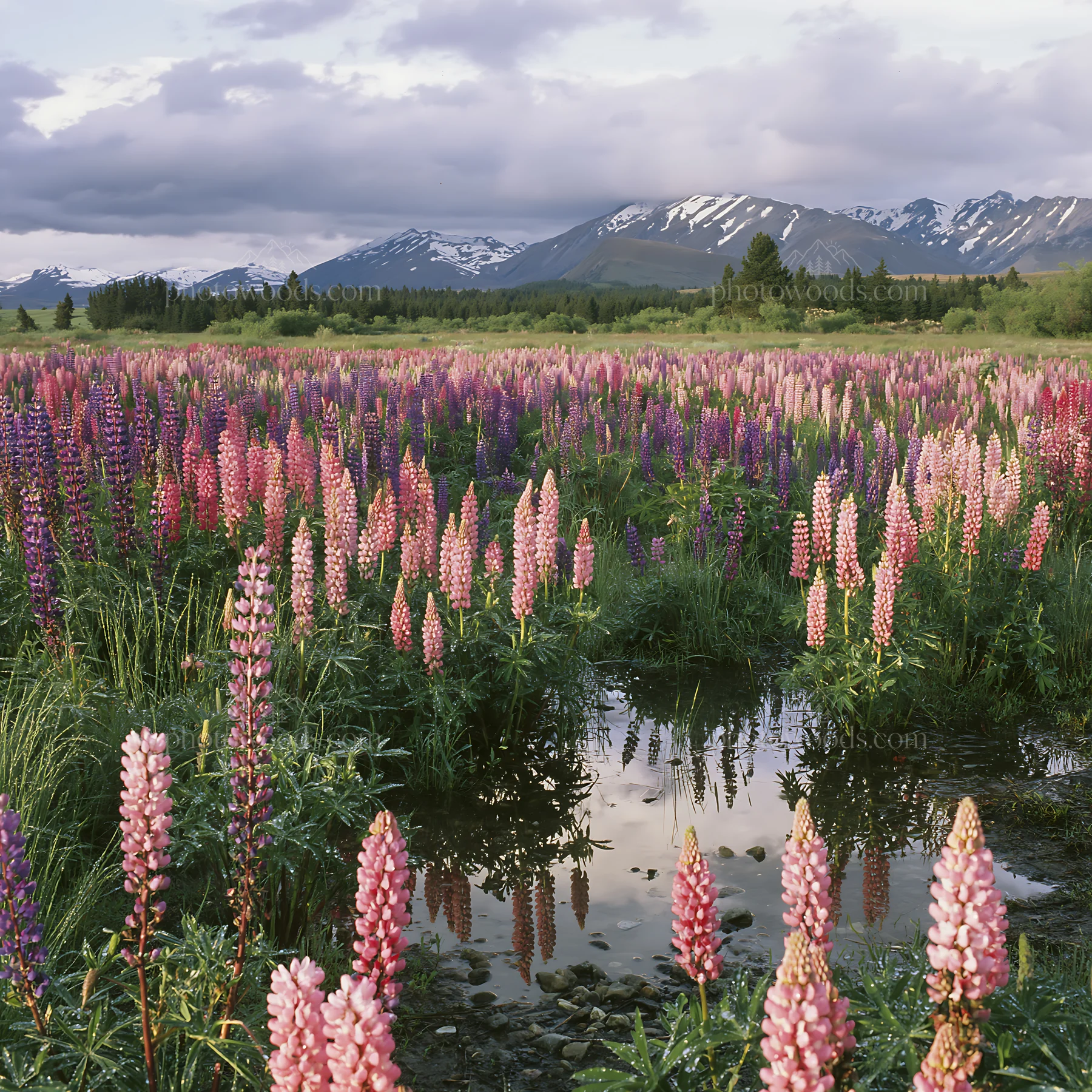 Colorful lupine meadow with mountains in the background - AI-generated stock image