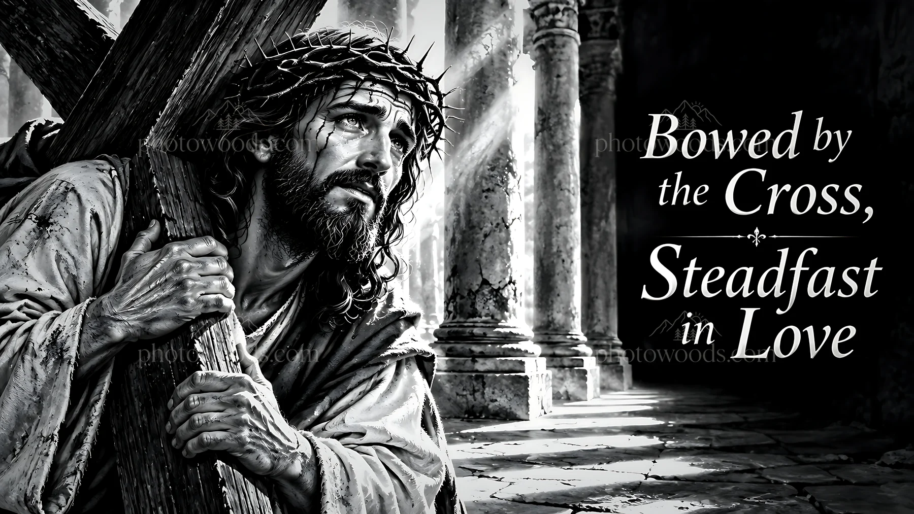 Bowed by the cross, steadfast in love - AI-generated stock image
