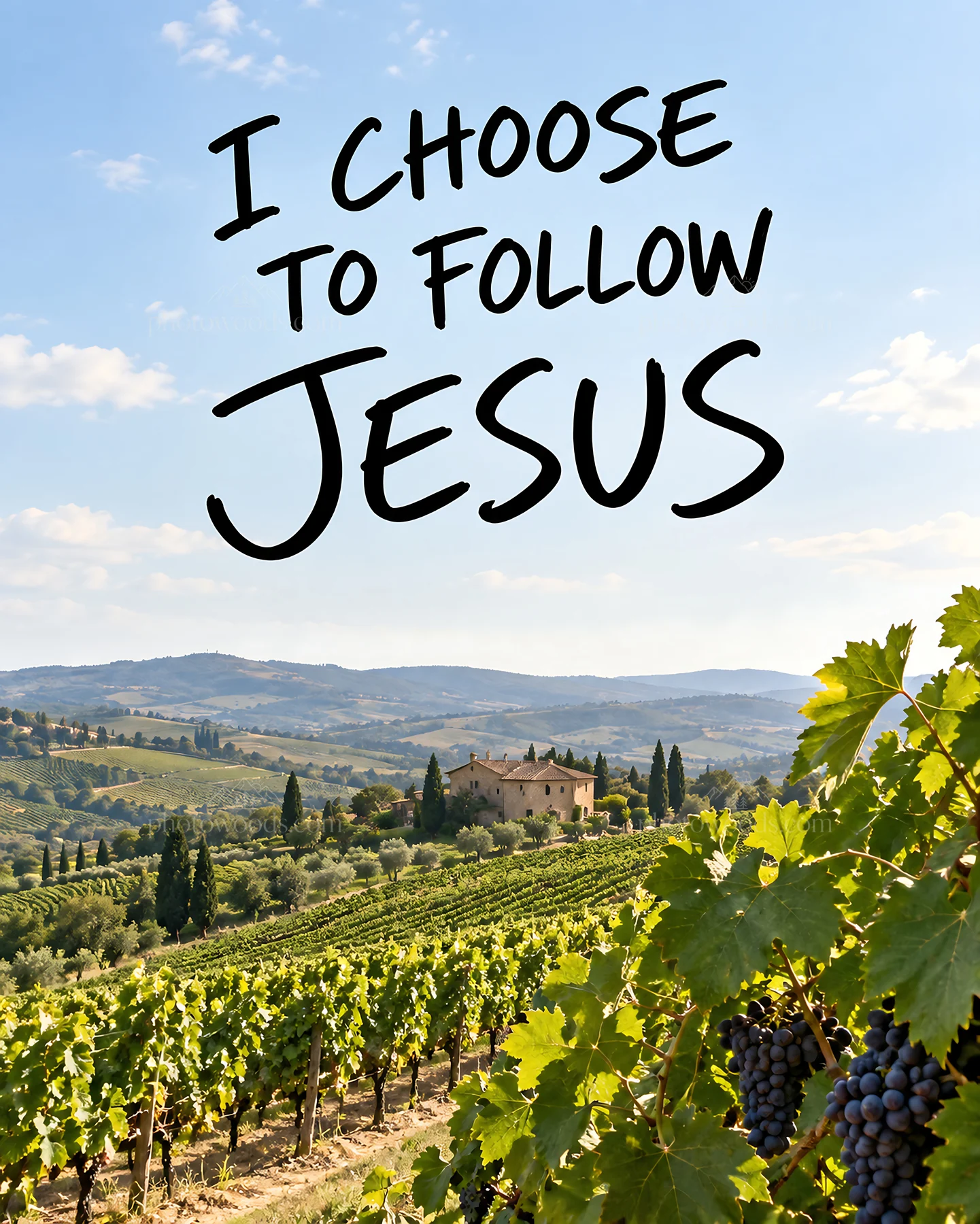 Jesus Christ in a vineyard with message about following Him - AI-generated stock image