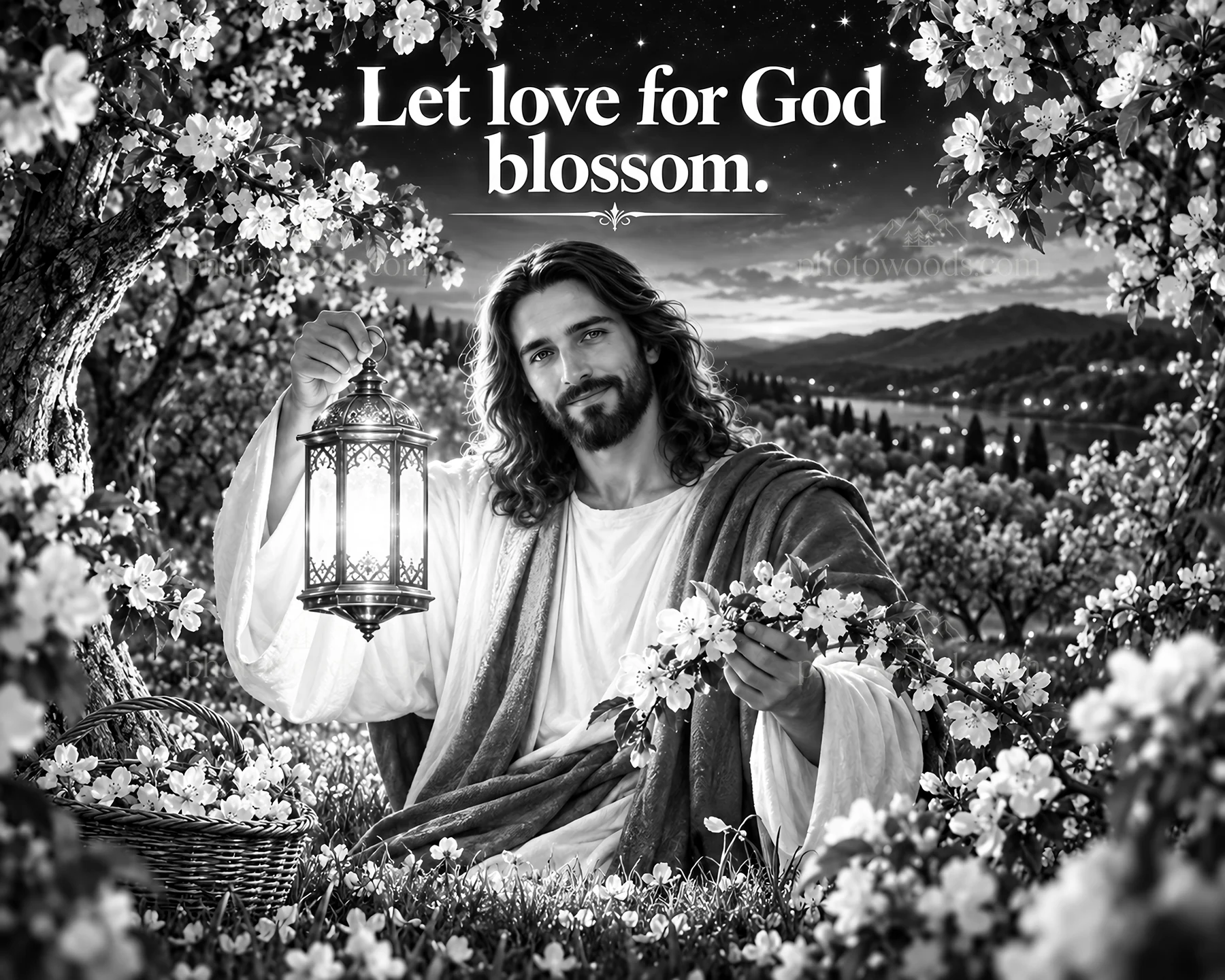 Jesus Christ welcomes love for God in a garden scene - AI-generated stock image