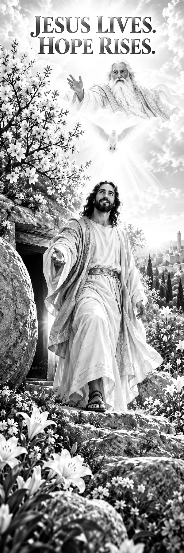 Jesus Christ emerging from the tomb with hope and new life - AI-generated stock image