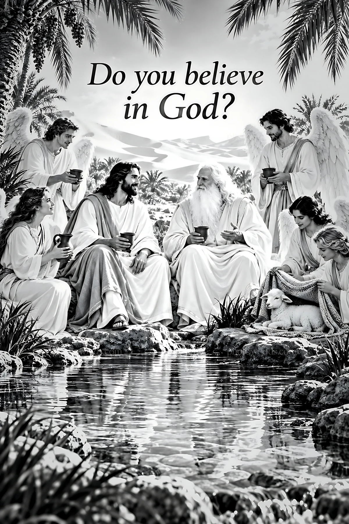 Believe in God with angels by the water - AI-generated stock image