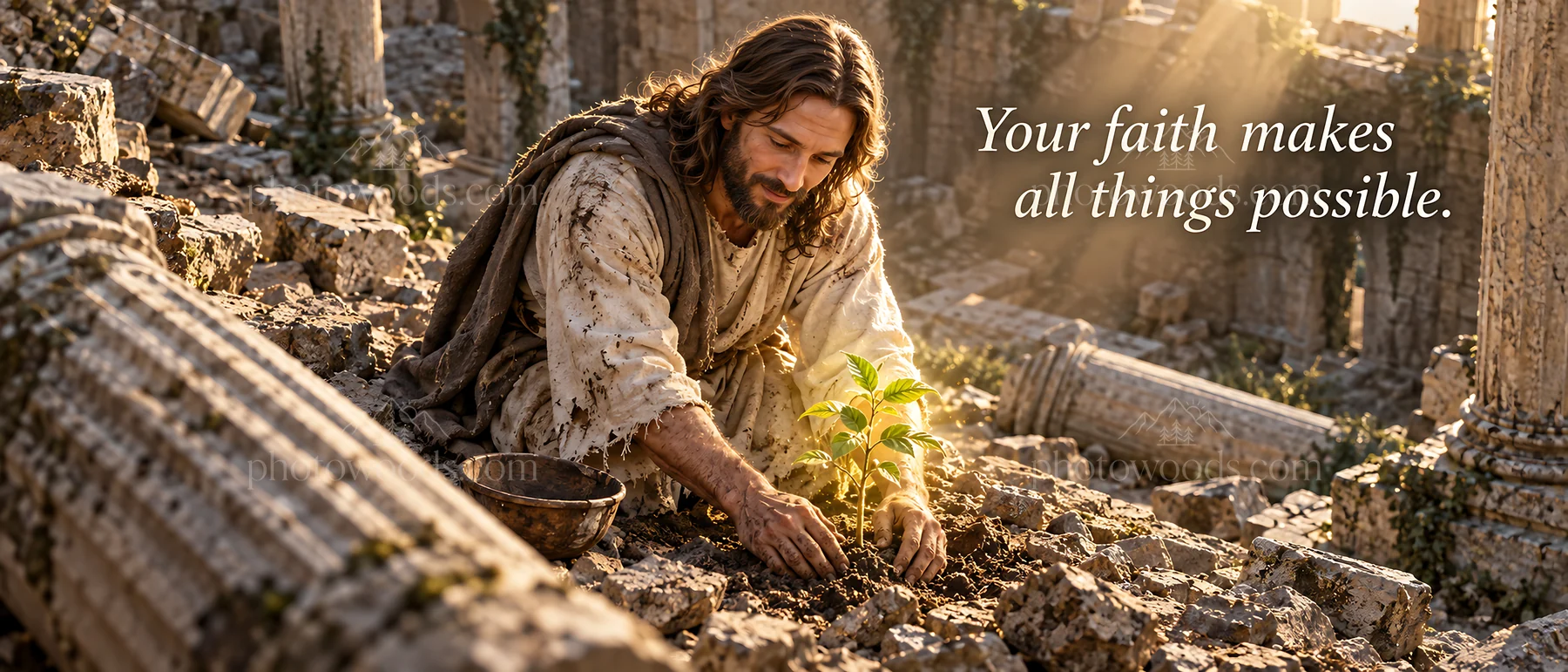 Jesus Christ planting a seed amid ruins - AI-generated stock image