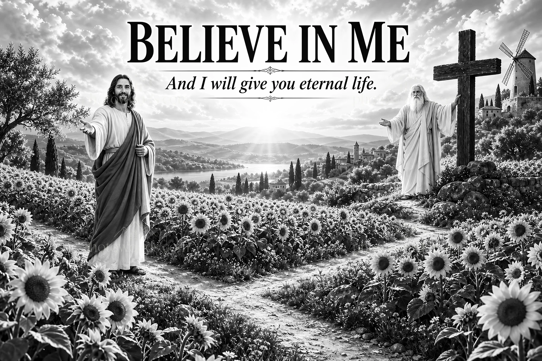 Jesus Christ in a field, inviting to believe for eternal life - AI-generated stock image