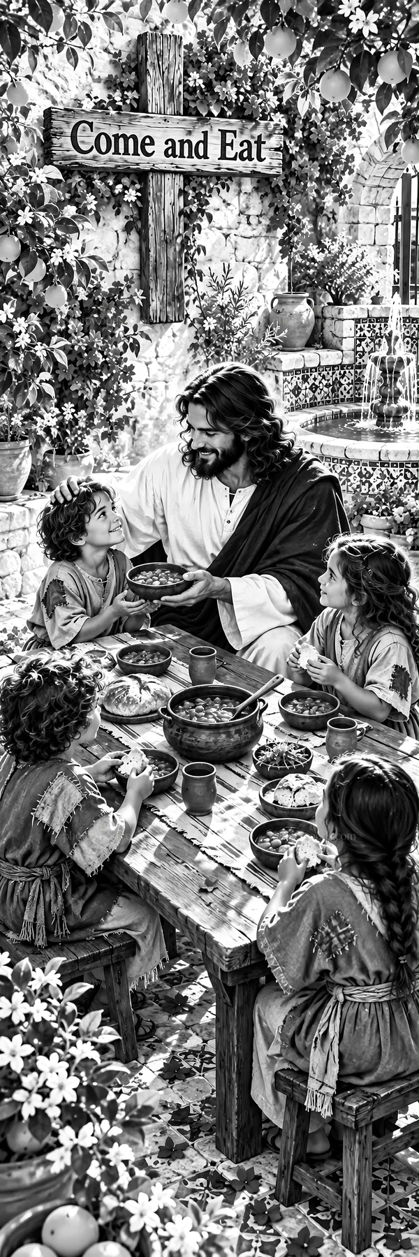Jesus Christ sharing a meal with children - AI-generated stock image