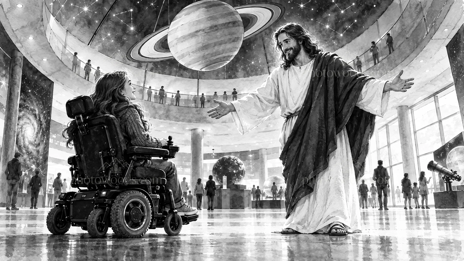 Jesus Christ welcoming a girl in a wheelchair - AI-generated stock image