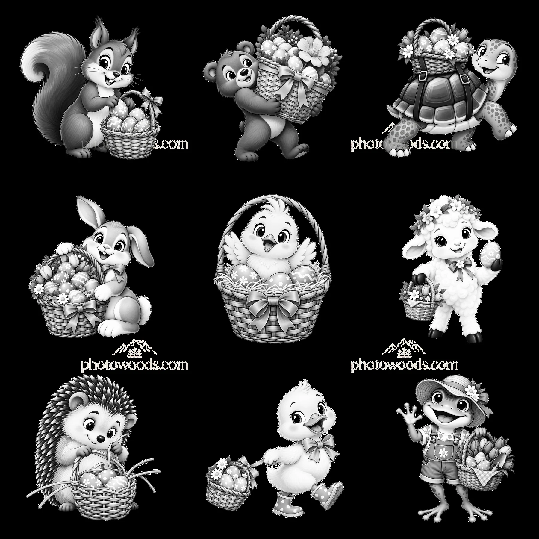 Cute animal characters with Easter baskets in a grid layout - AI-generated stock image