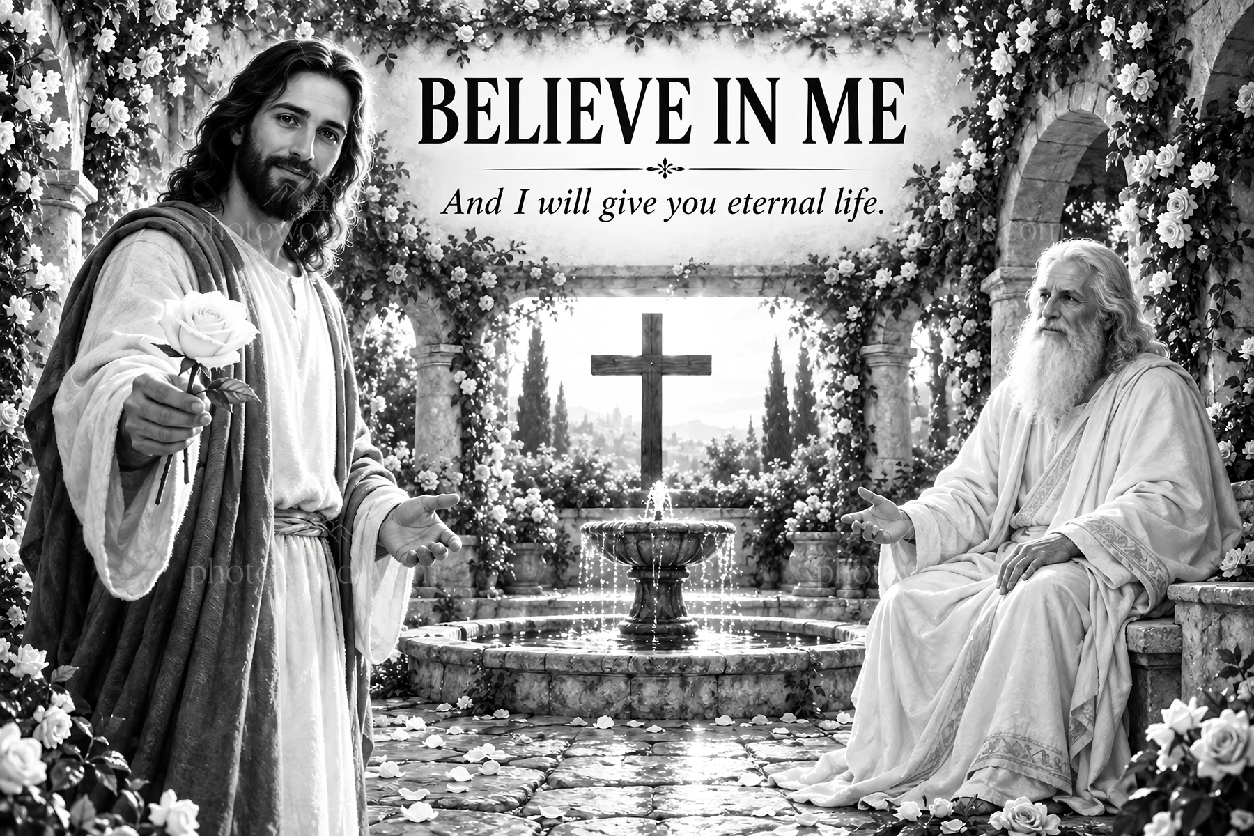Jesus Christ offers comfort in a garden setting - AI-generated stock image