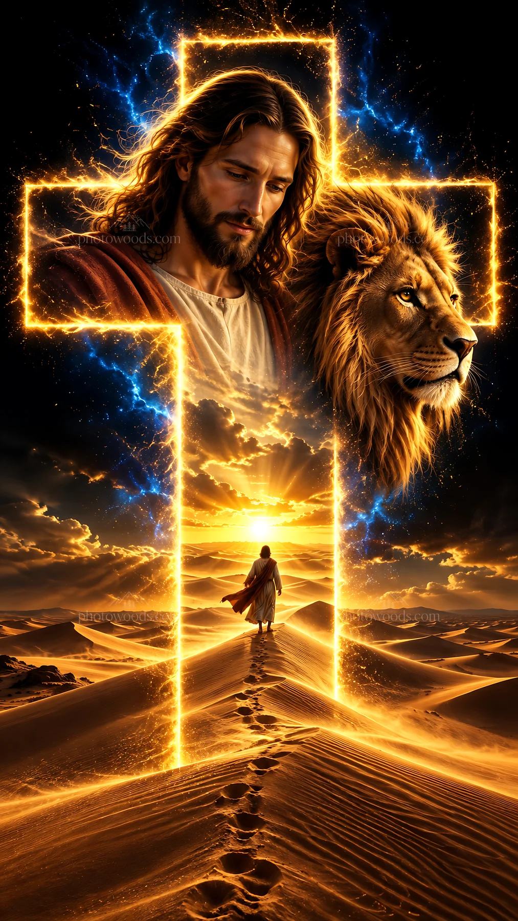 Jesus Christ walking in the desert towards the cross and lion - AI-generated stock image