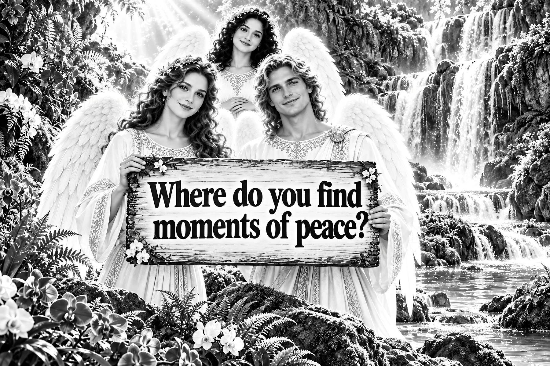 Jesus Christ with angels asking about moments of peace - AI-generated stock image