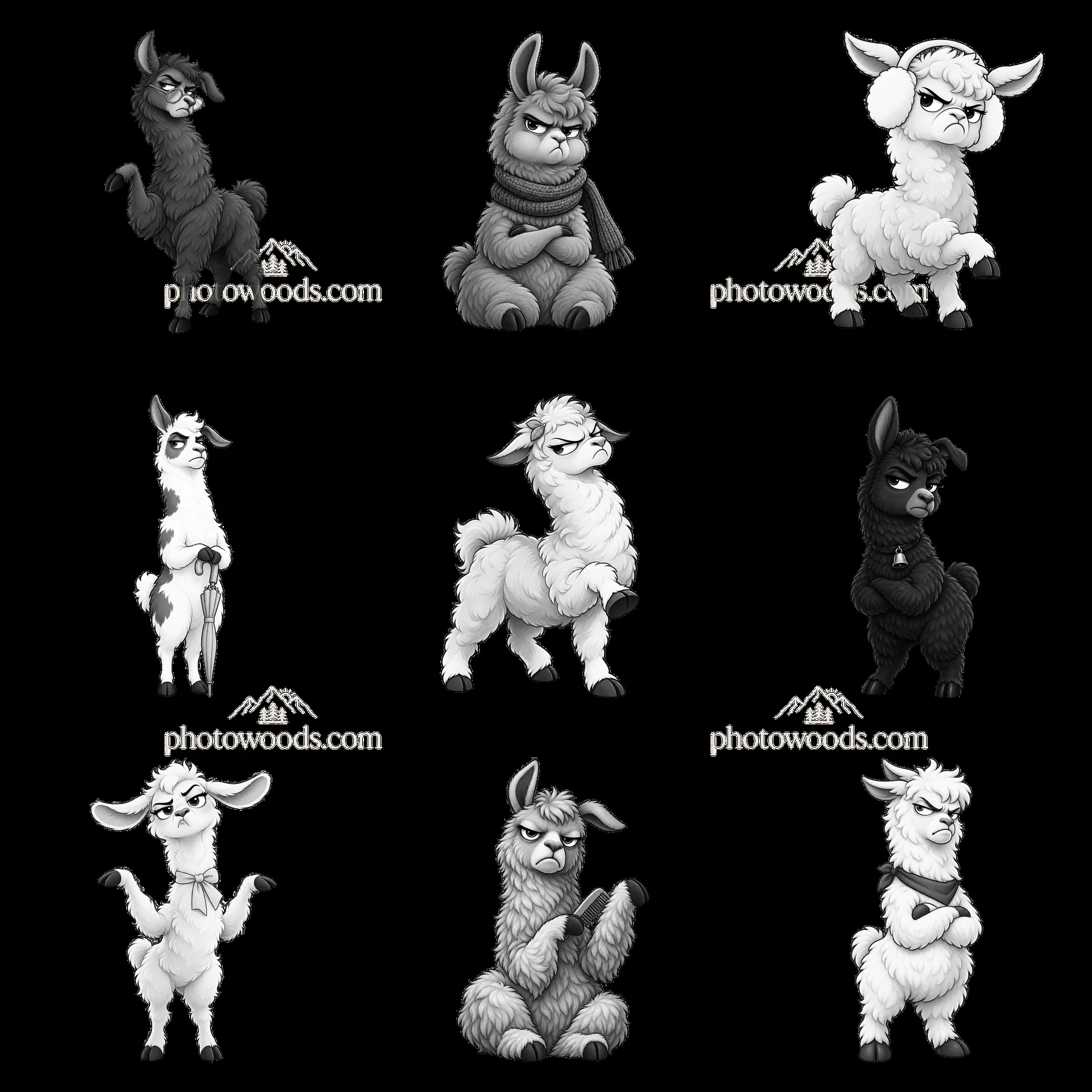 Grumpy llama stickers in a 3x3 grid layout - AI-generated stock image