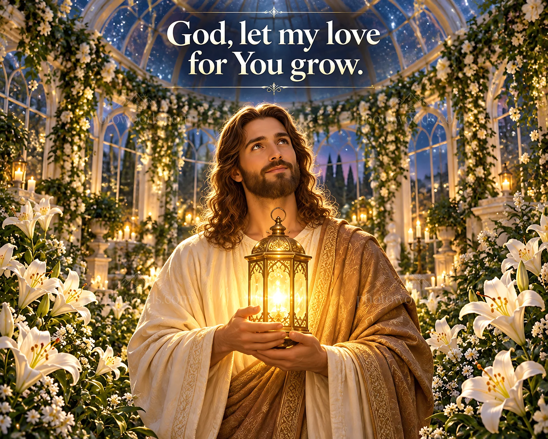 Jesus Christ holding a lantern in a garden filled with flowers - AI-generated stock image