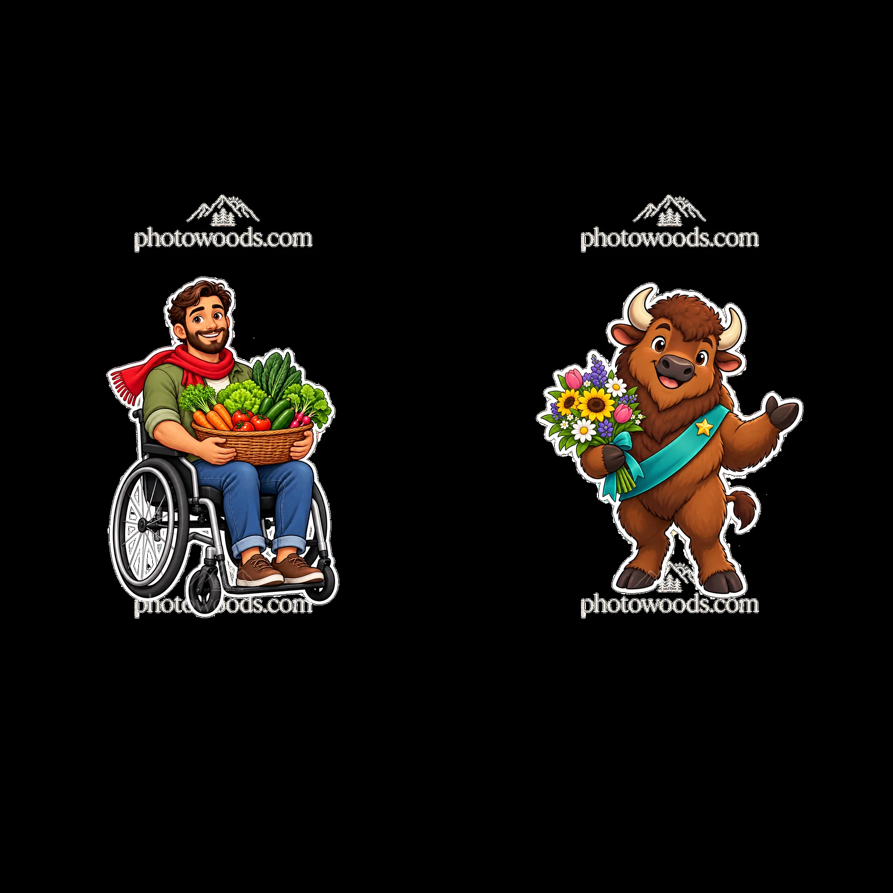 Man in wheelchair holds vegetables next to cheerful bison - AI-generated stock image