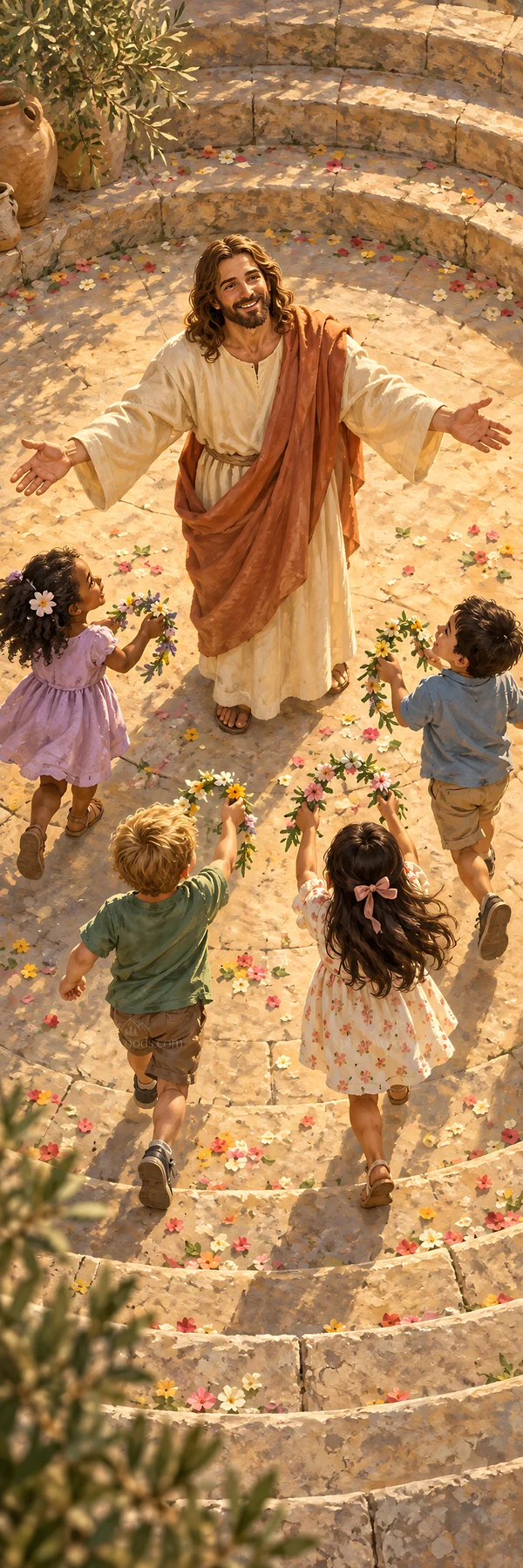 Jesus Christ welcoming children with open arms - AI-generated stock image