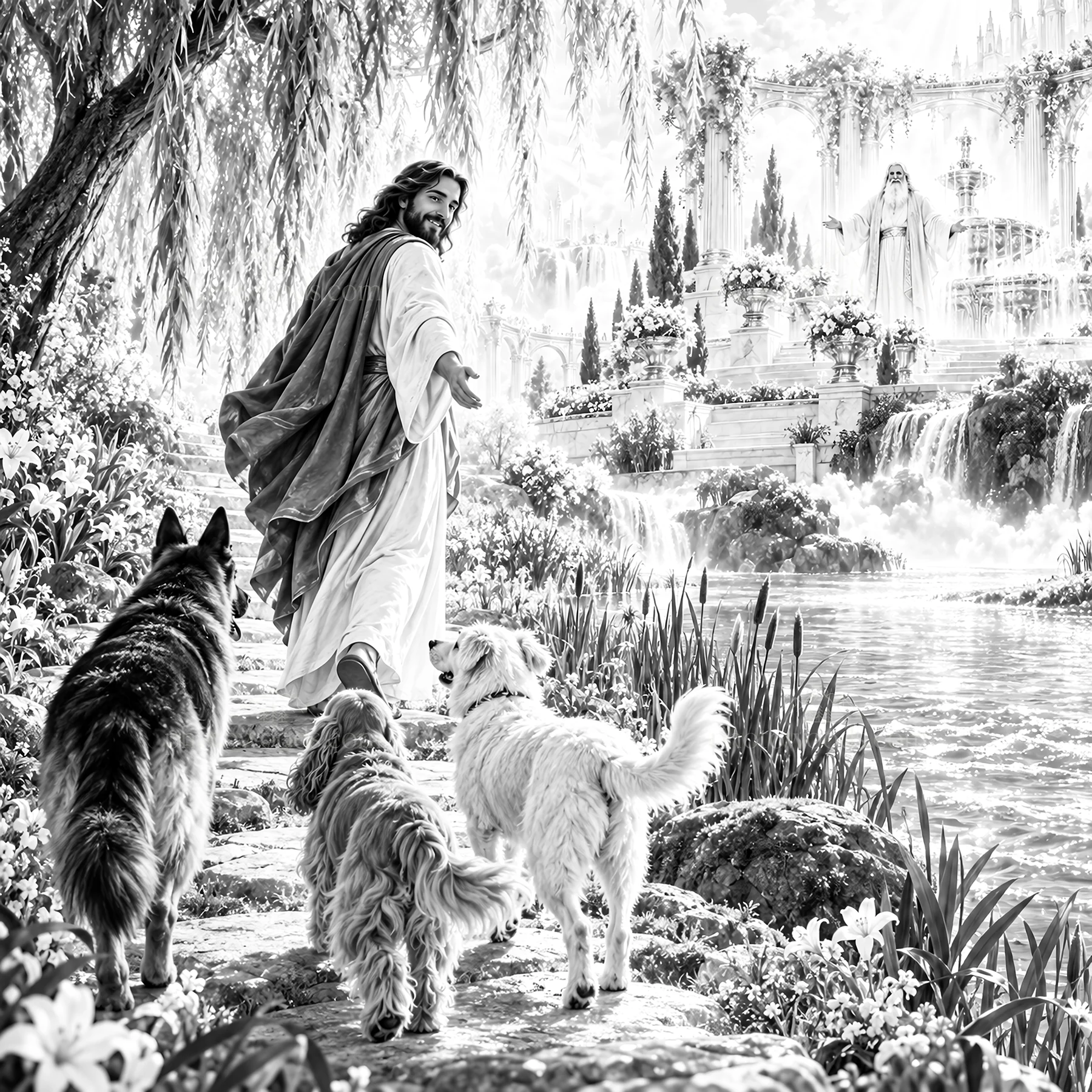 Jesus Christ walking with dogs in a serene garden setting - AI-generated stock image