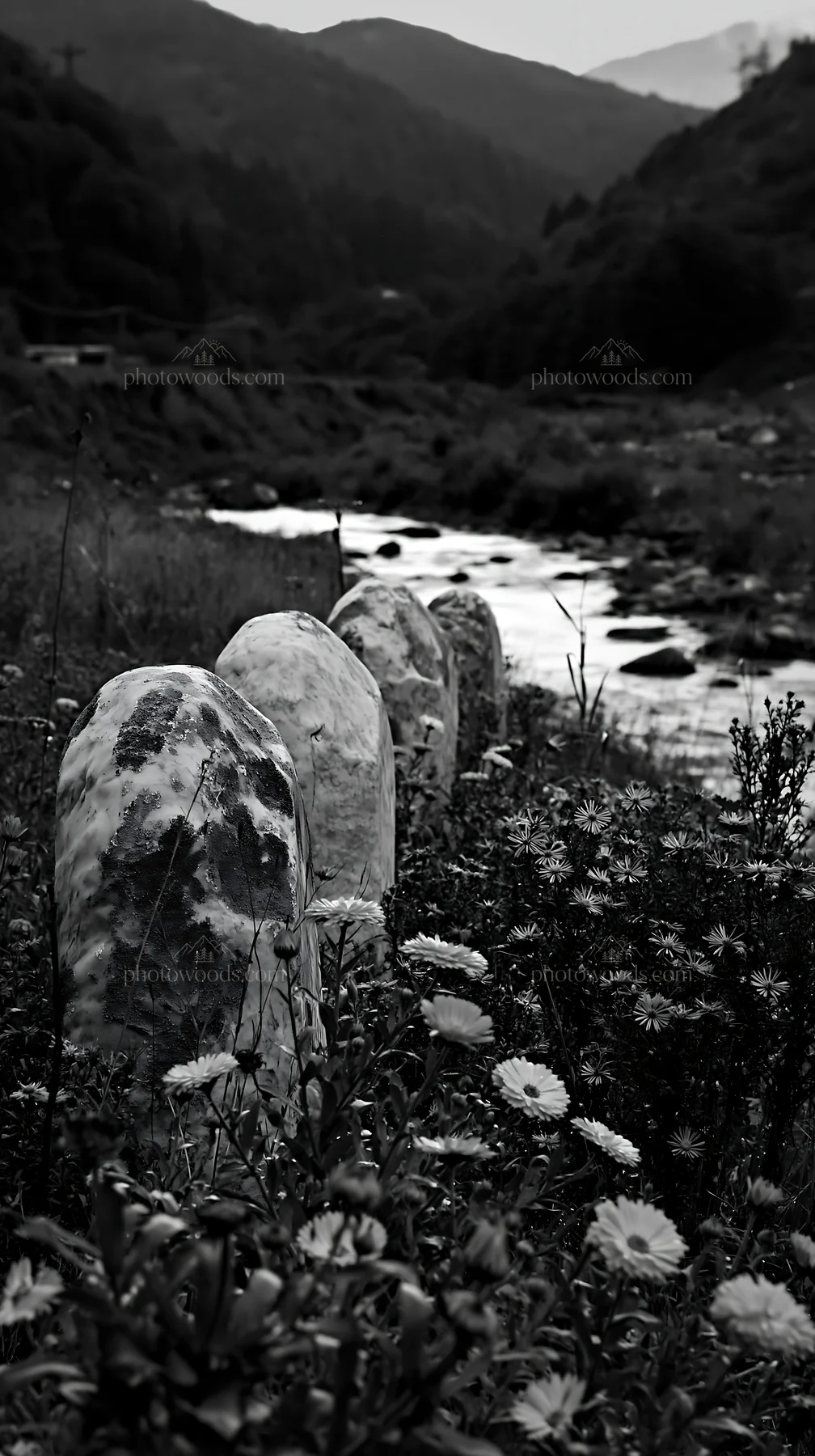Christmas ornaments above stream in meadow - AI-generated stock image