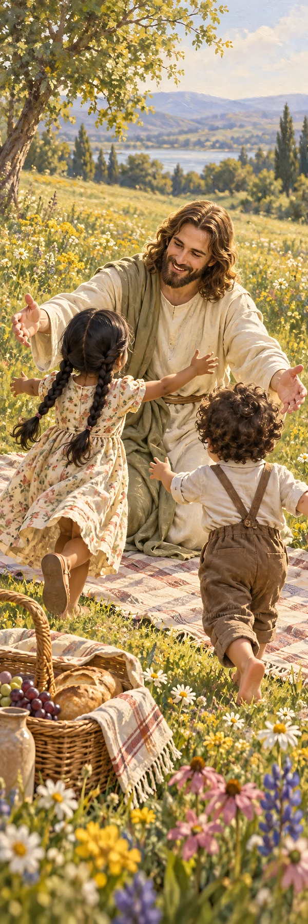 Jesus Christ welcoming children in a field of flowers - AI-generated stock image