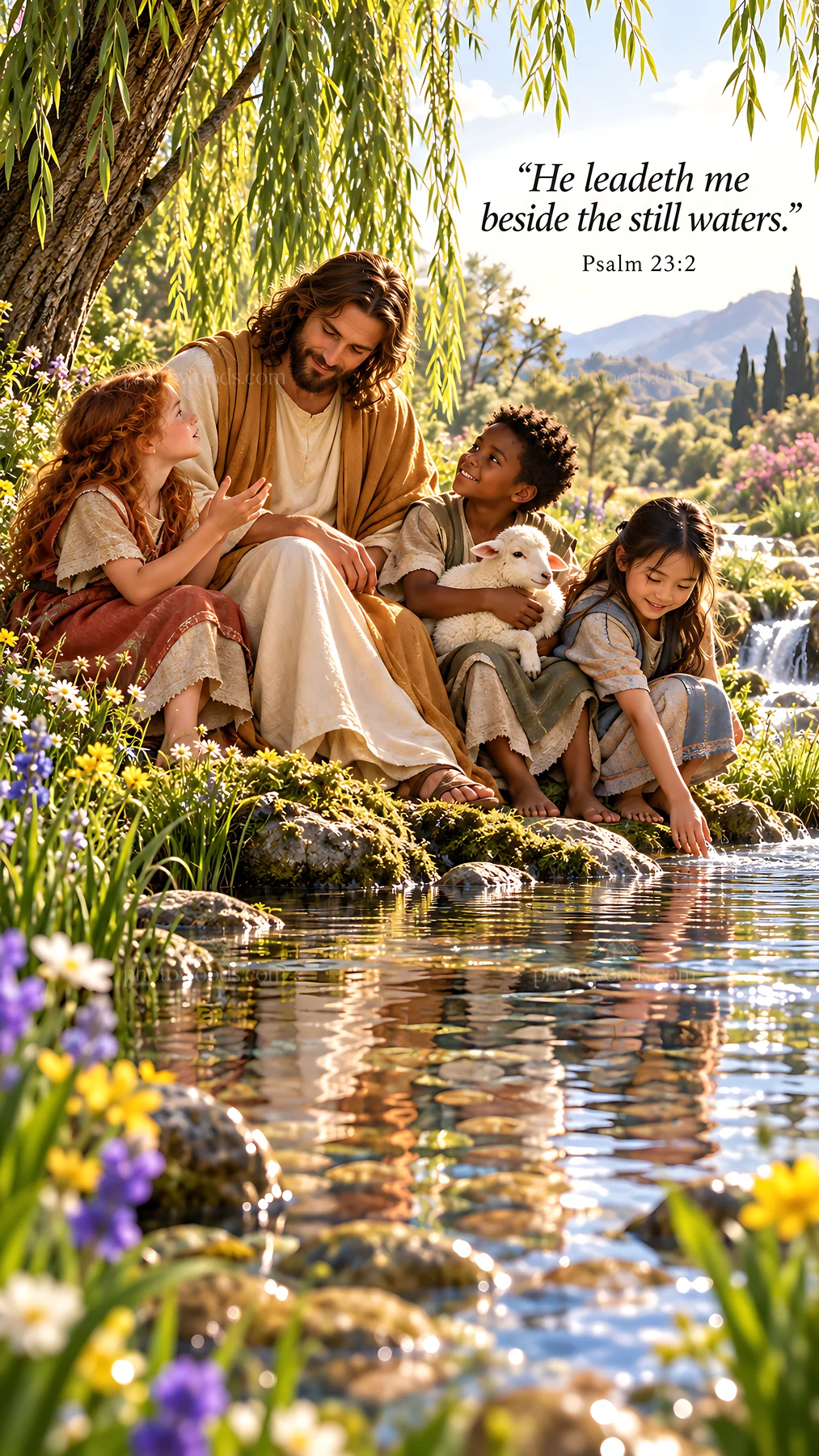 Jesus Christ sitting with children by the water - AI-generated stock image