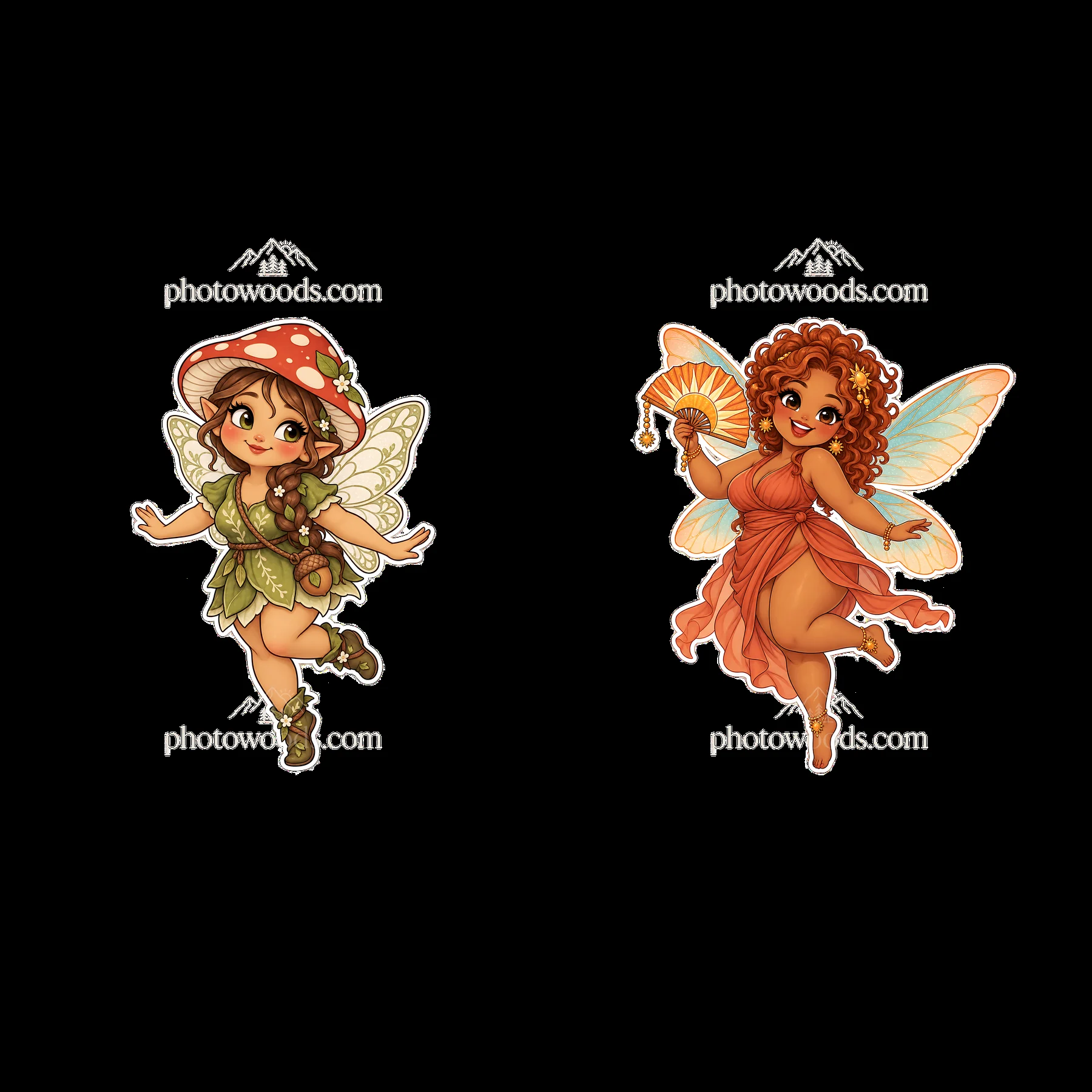 Chubby kawaii fairies with nature themes dance and celebrate - AI-generated stock image