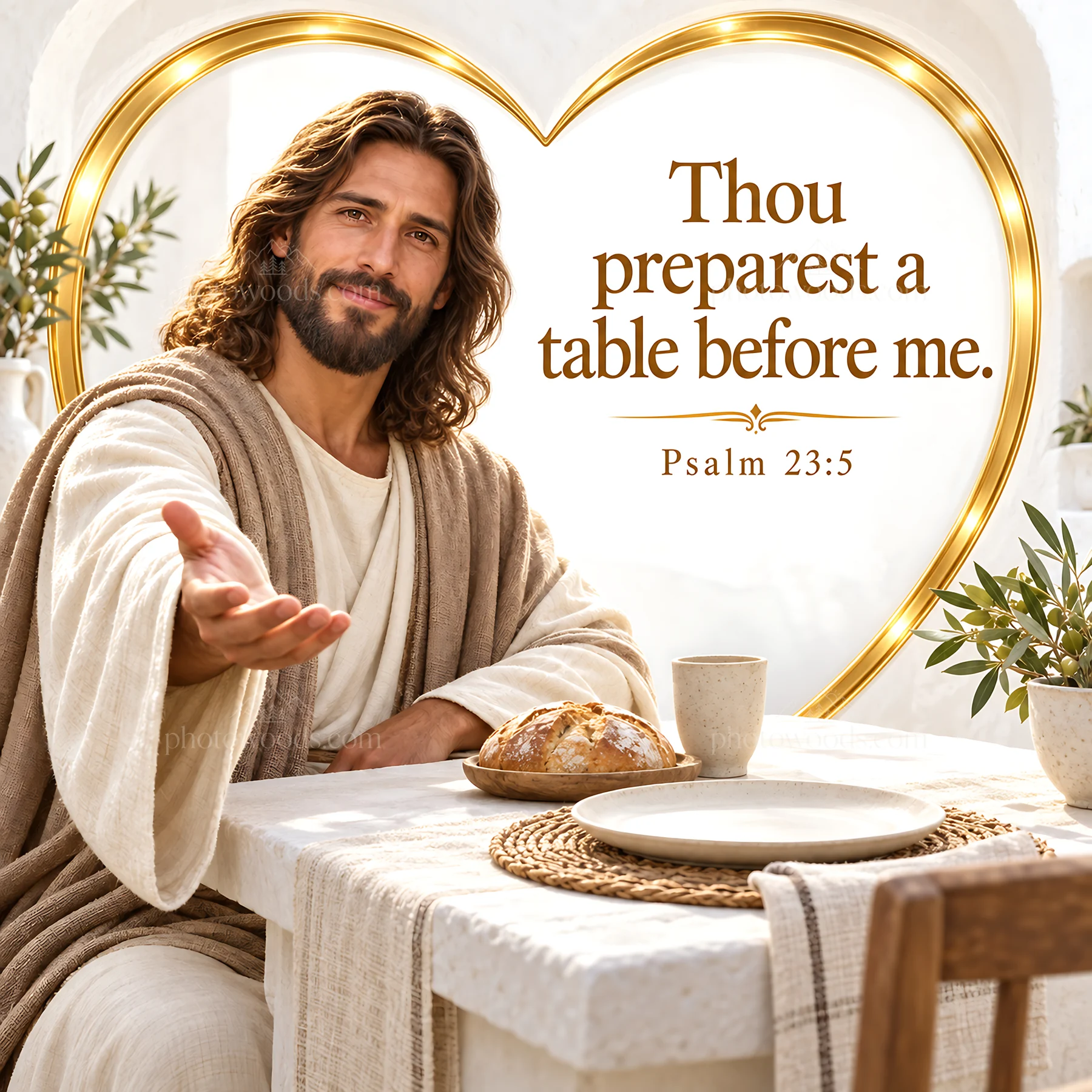 Jesus Christ sharing a meal and welcoming with open hands - AI-generated stock image