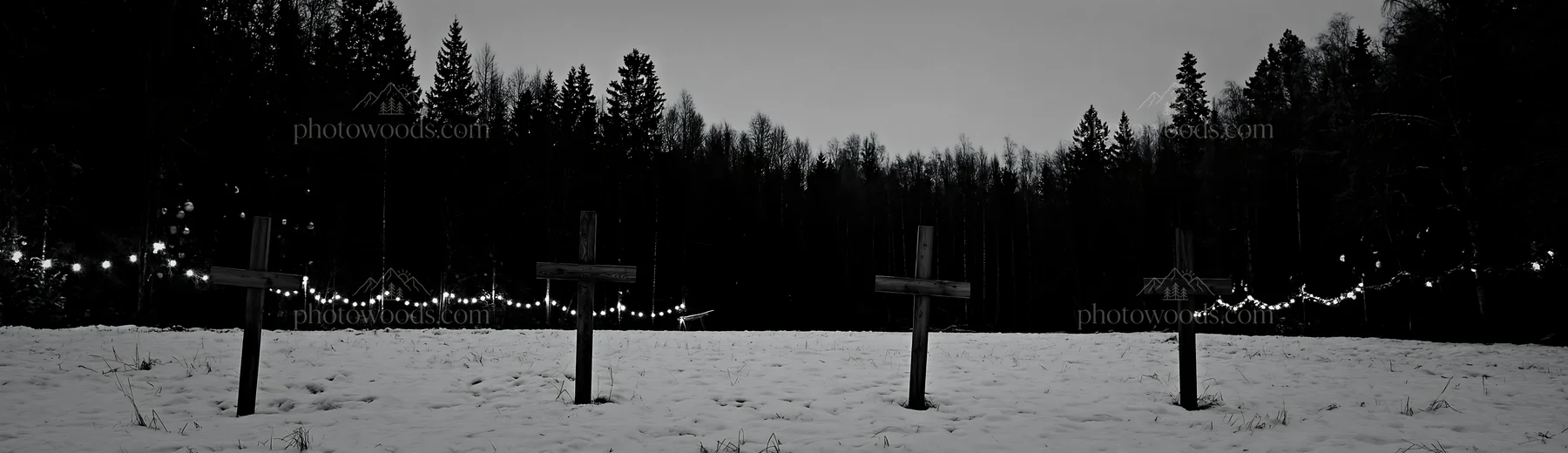Four wooden crosses in a Christmas meadow at dusk - AI-generated stock image