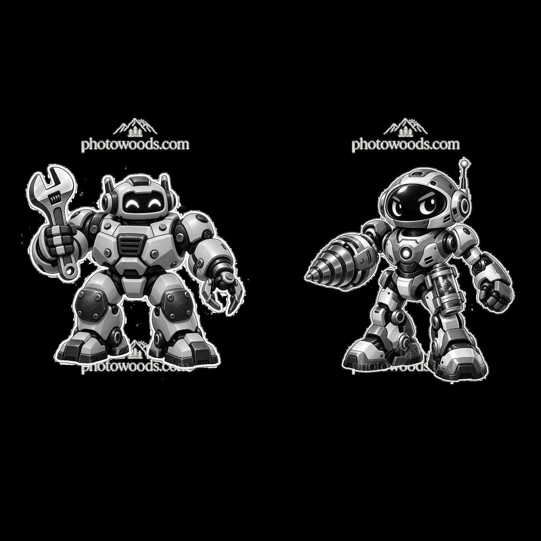 Mech robots holding a wrench and drill in a monochrome style - AI-generated stock image
