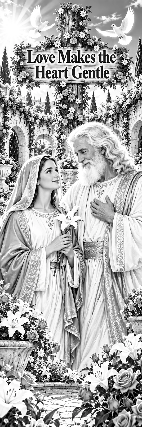 Jesus Christ and a woman share a moment in a floral garden - AI-generated stock image
