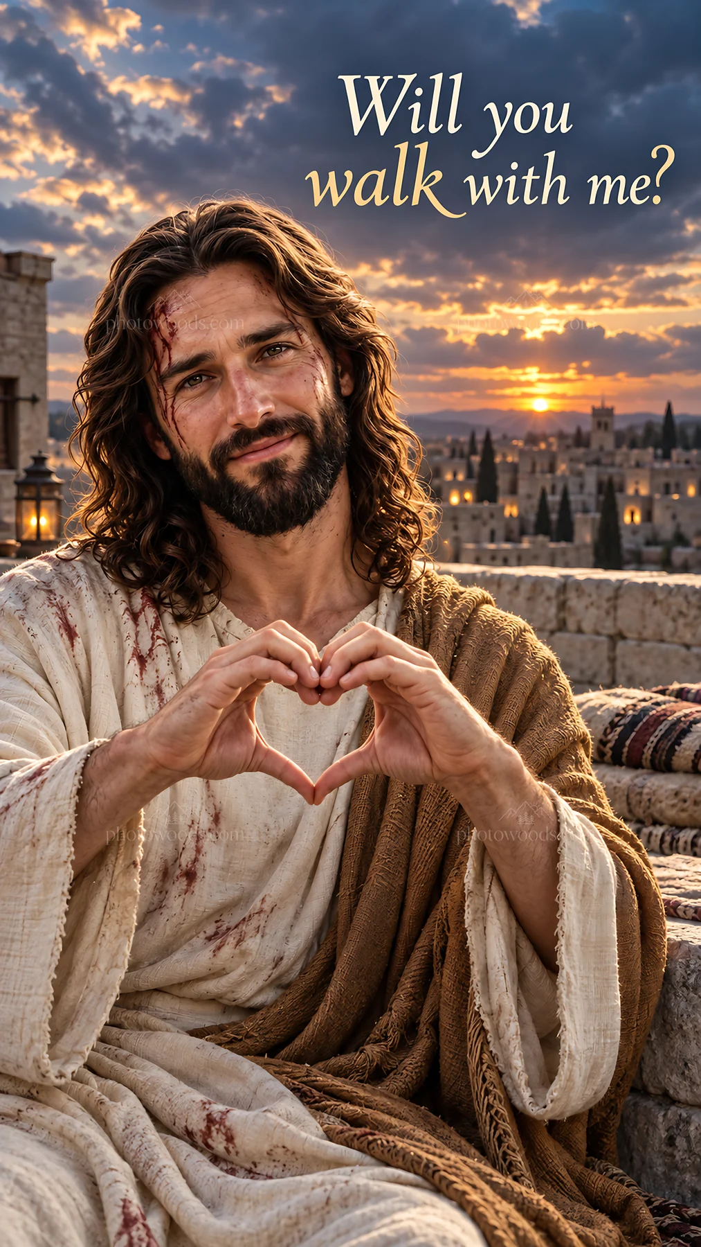 Jesus Christ inviting others to walk with him - AI-generated stock image