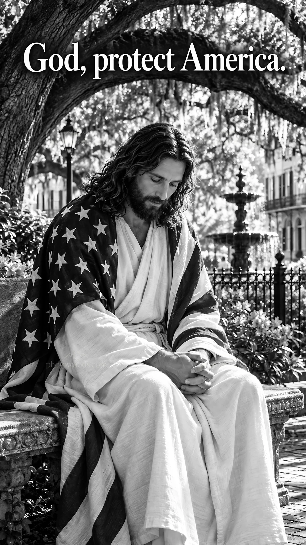 Jesus Christ praying for America in a quiet park setting - AI-generated stock image
