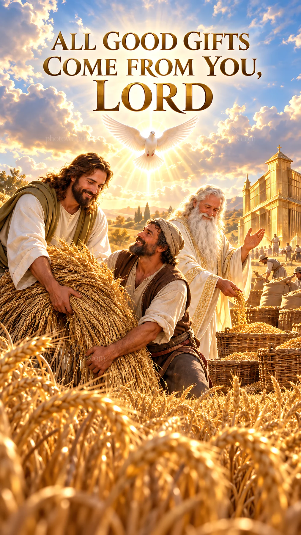 Jesus Christ sharing blessings of harvest with joyful workers - AI-generated stock image