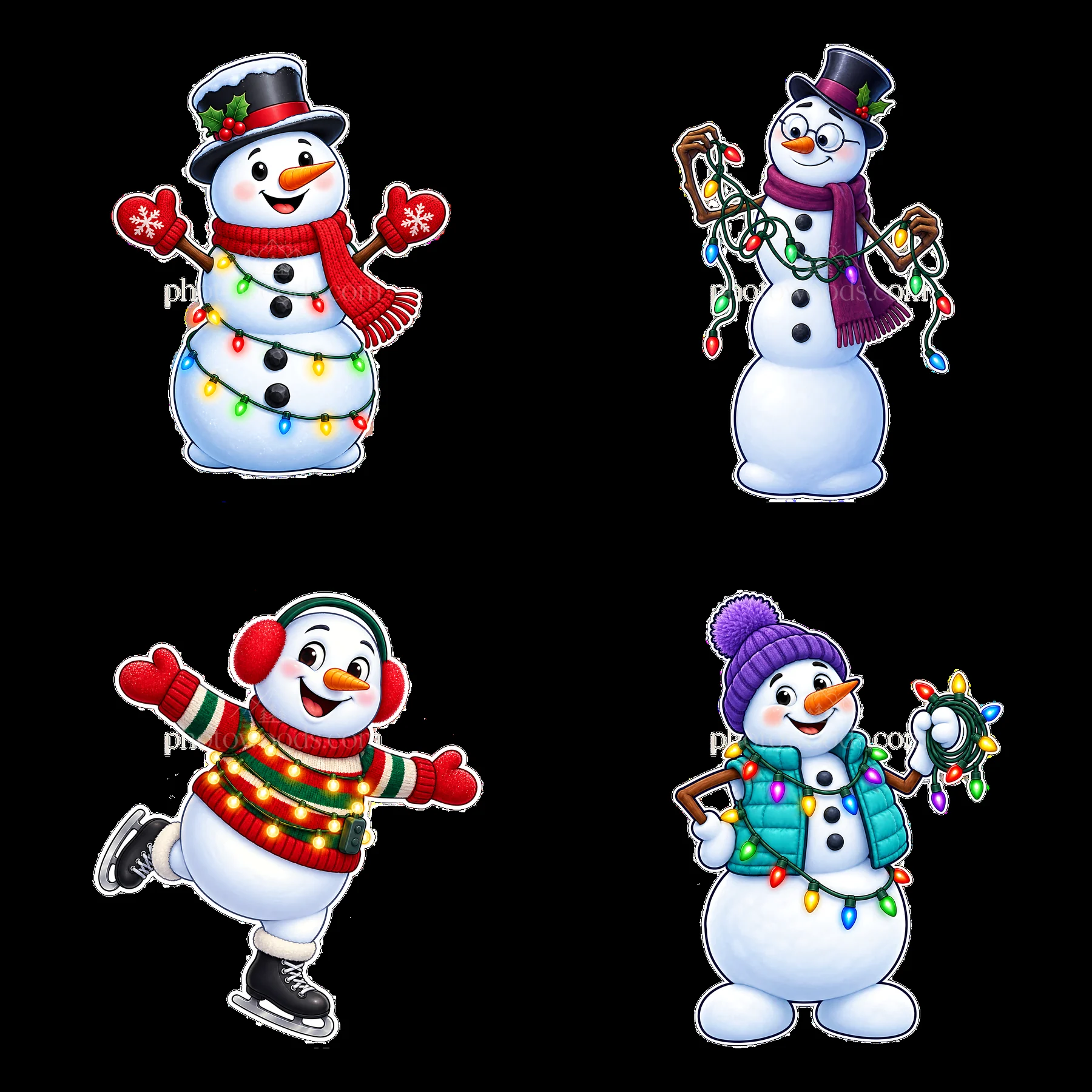 Snowmen in festive outfits with string lights in a 2x2 layout - AI-generated stock image
