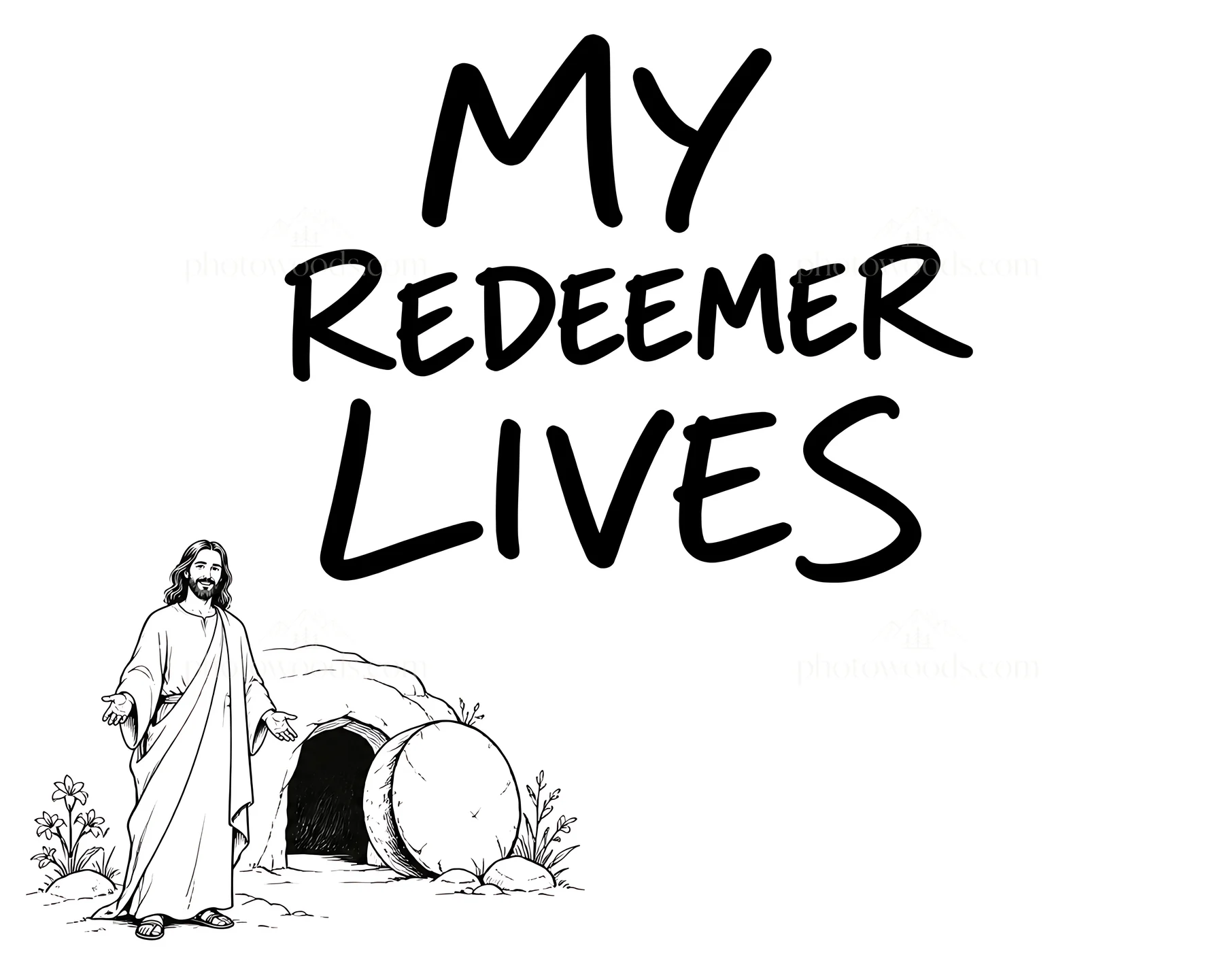 Jesus Christ stands by the empty tomb with outstretched arms - AI-generated stock image