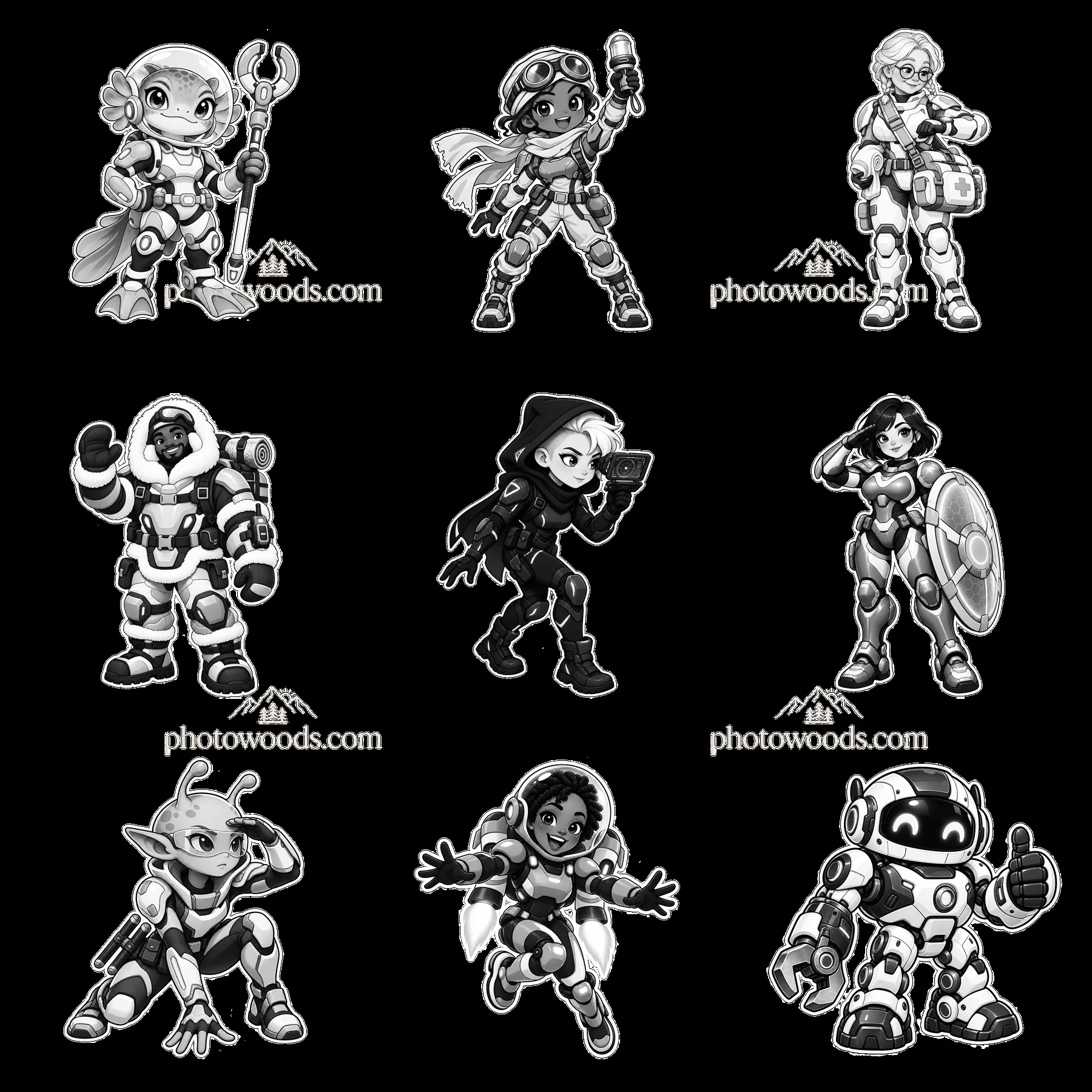 Kawaii futuristic super-soldiers in monochrome illustration - AI-generated stock image