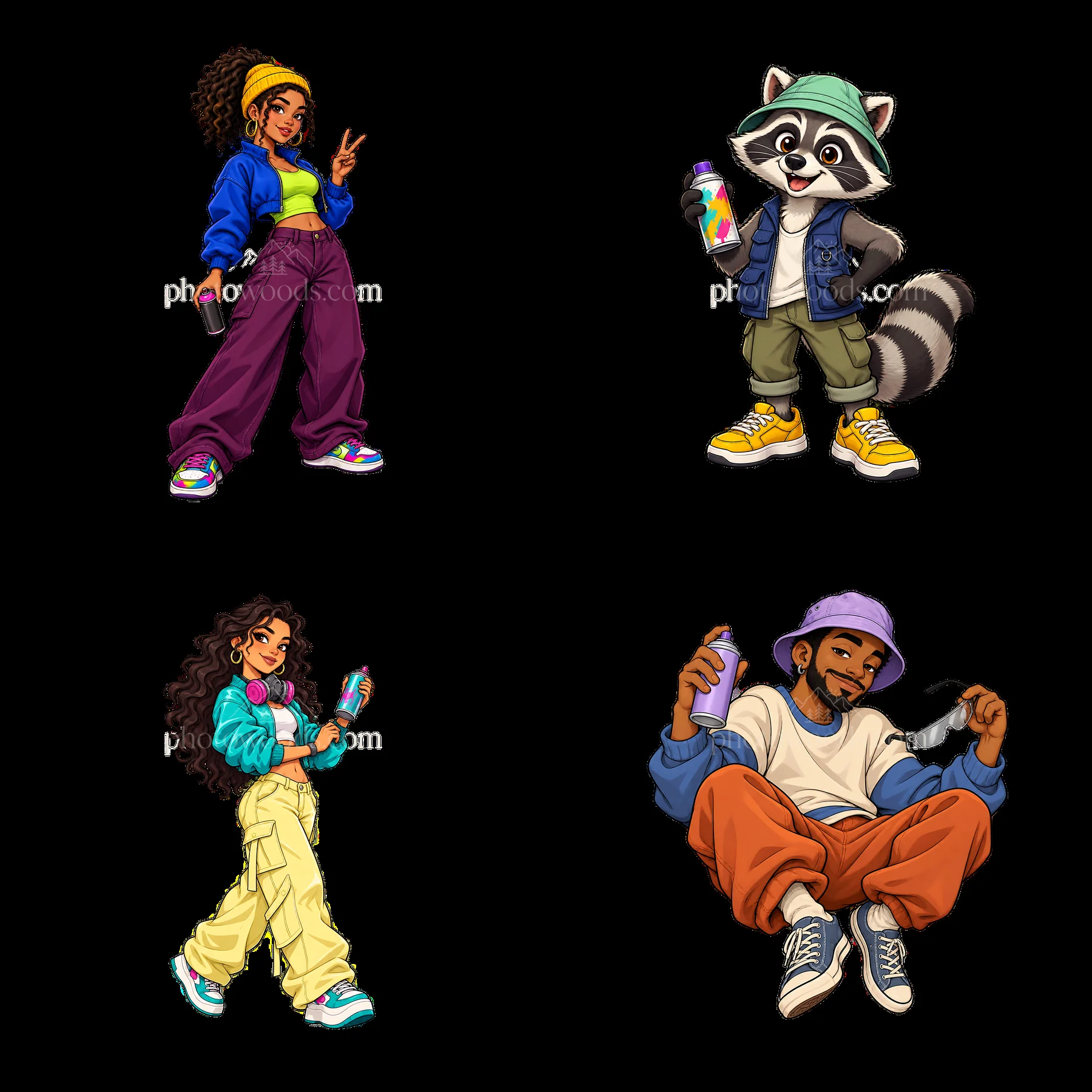 Cool graffiti sprayer characters in colorful urban attire - AI-generated stock image