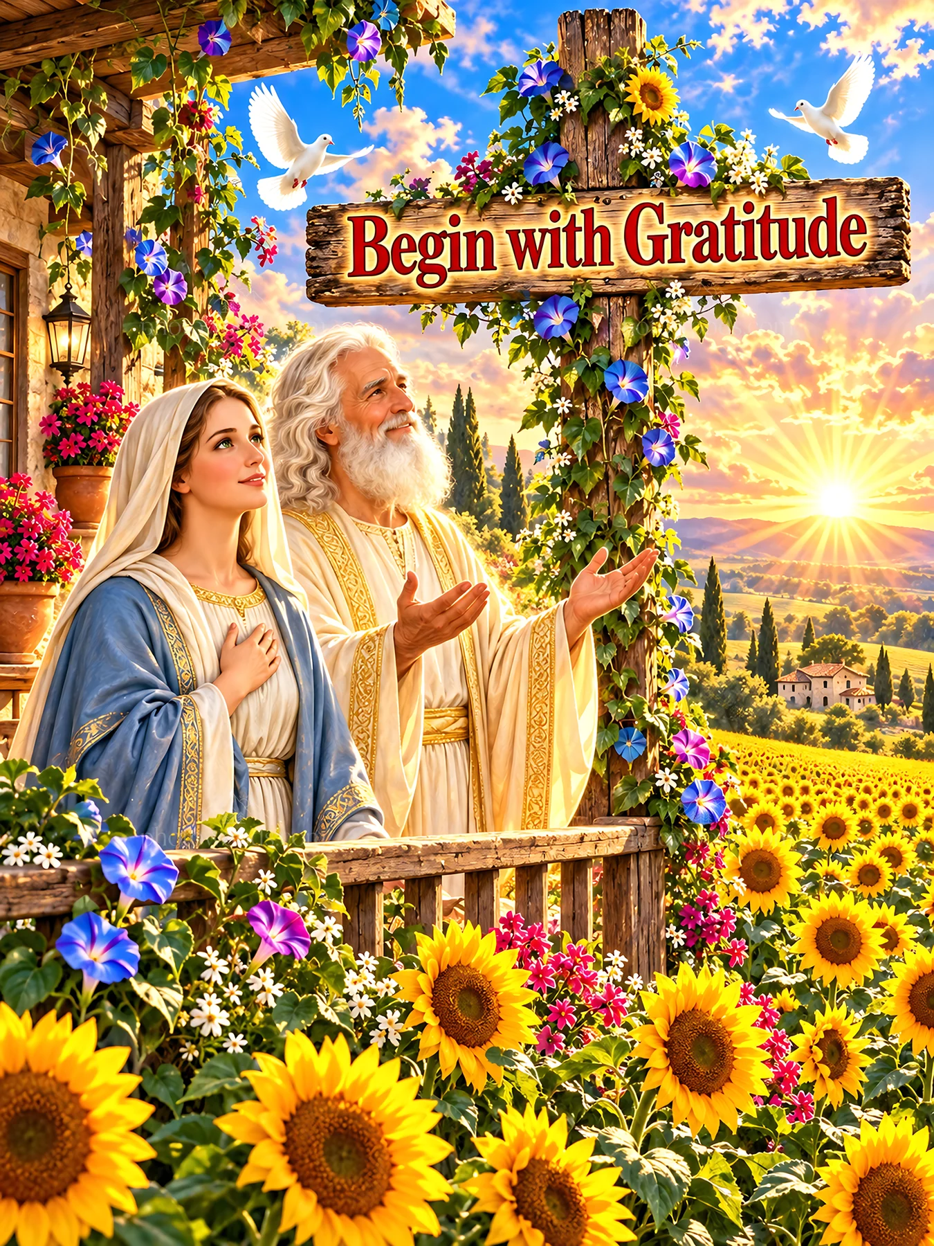 Jesus Christ and Mary in a moment of thankfulness - AI-generated stock image