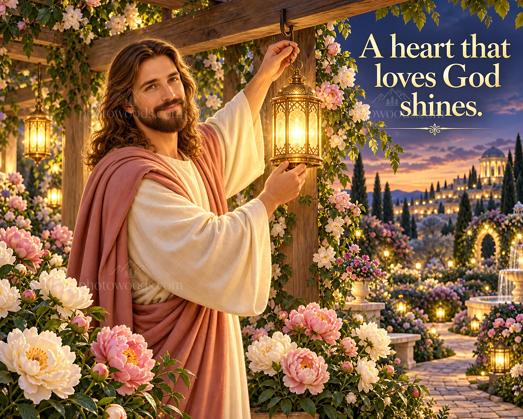 Jesus Christ holding a lantern in a flower garden - AI-generated stock image