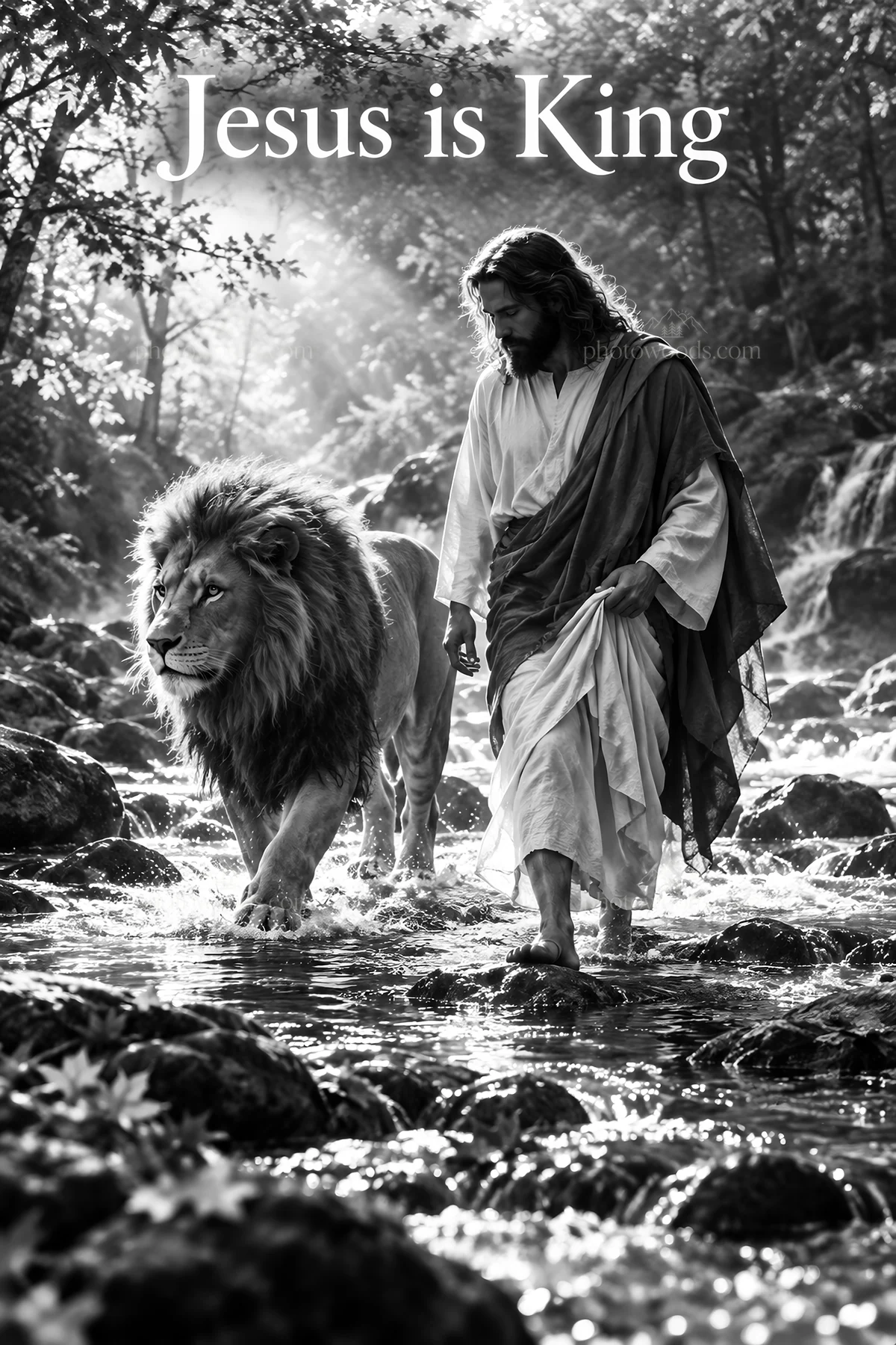 Jesus Christ walking with a lion in a tranquil forest setting - AI-generated stock image