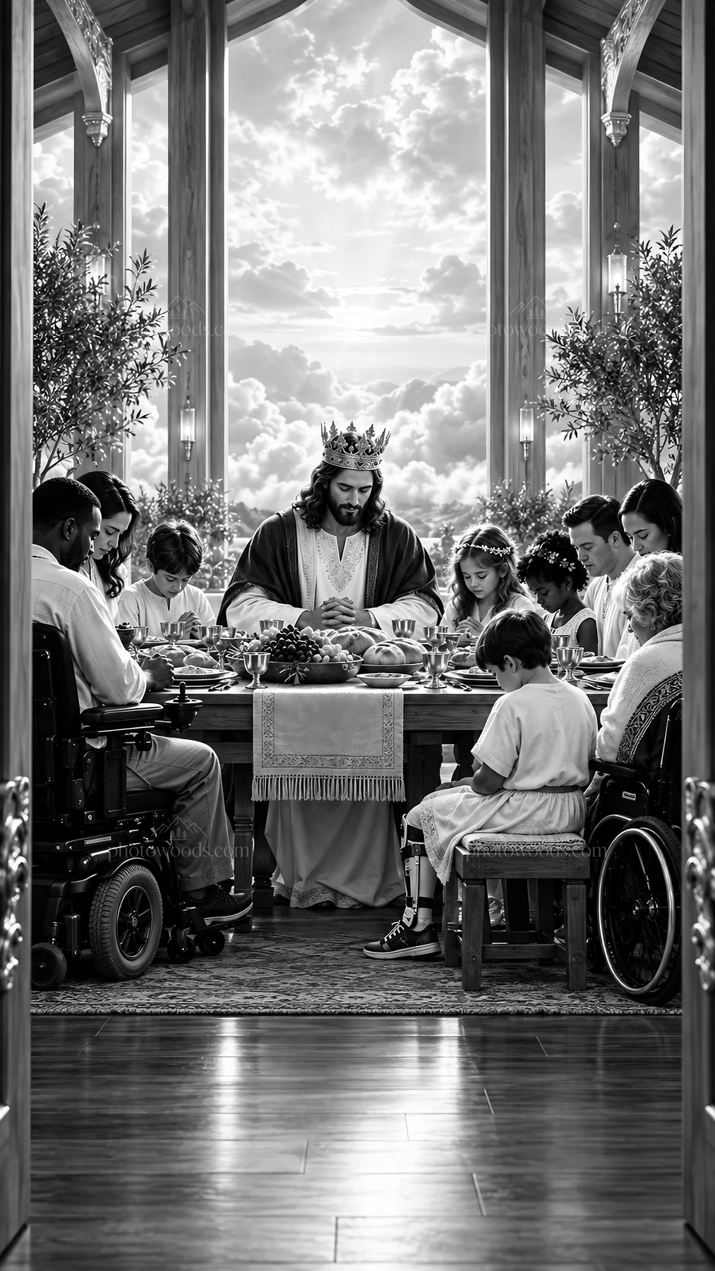 Jesus Christ sharing a meal with people in a gathering - AI-generated stock image