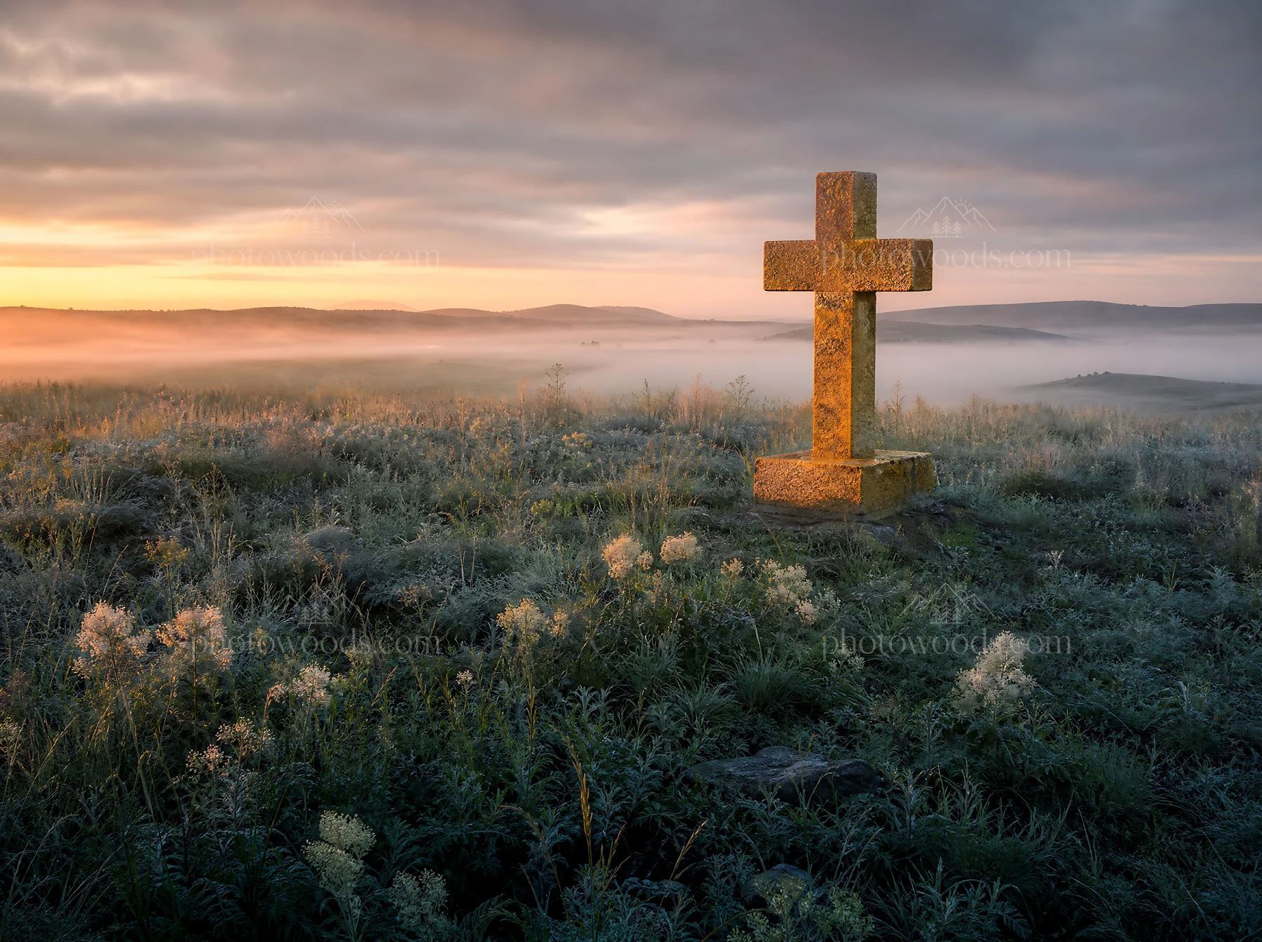 Golden Christian cross in meadow during sunset - AI-generated stock image
