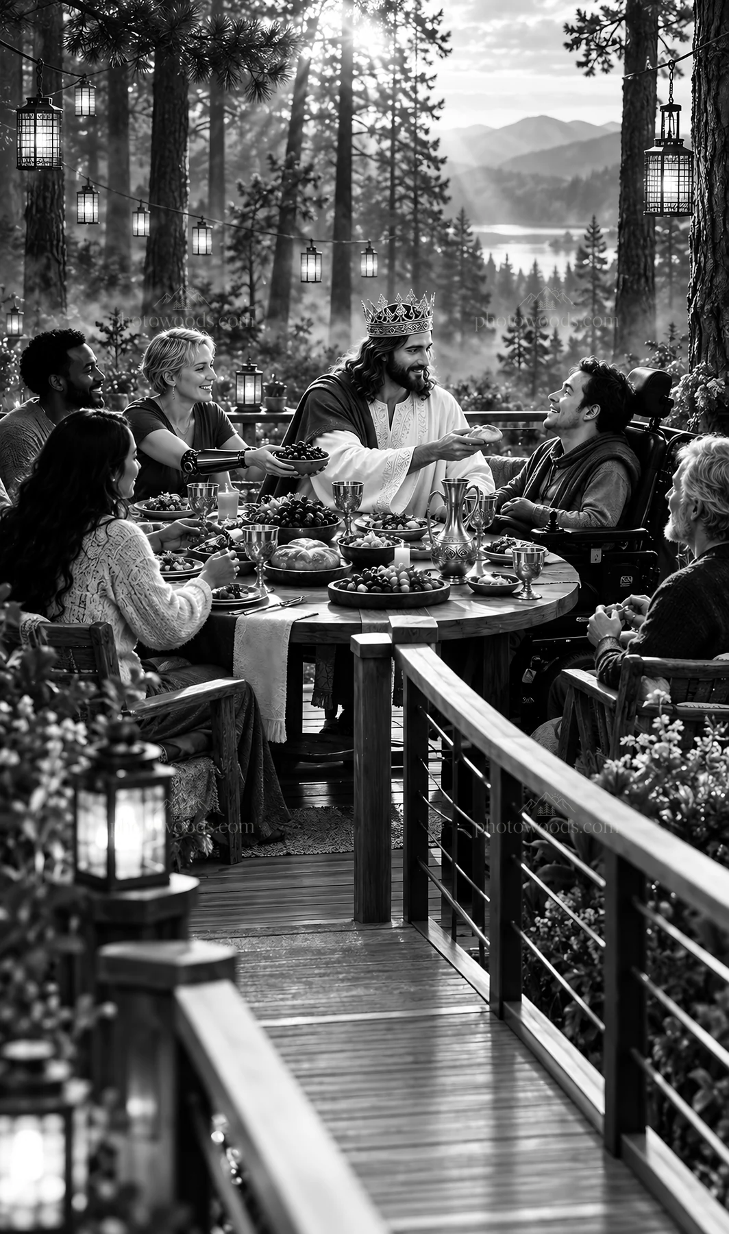 Jesus Christ sharing a meal with followers in a forest setting - AI-generated stock image