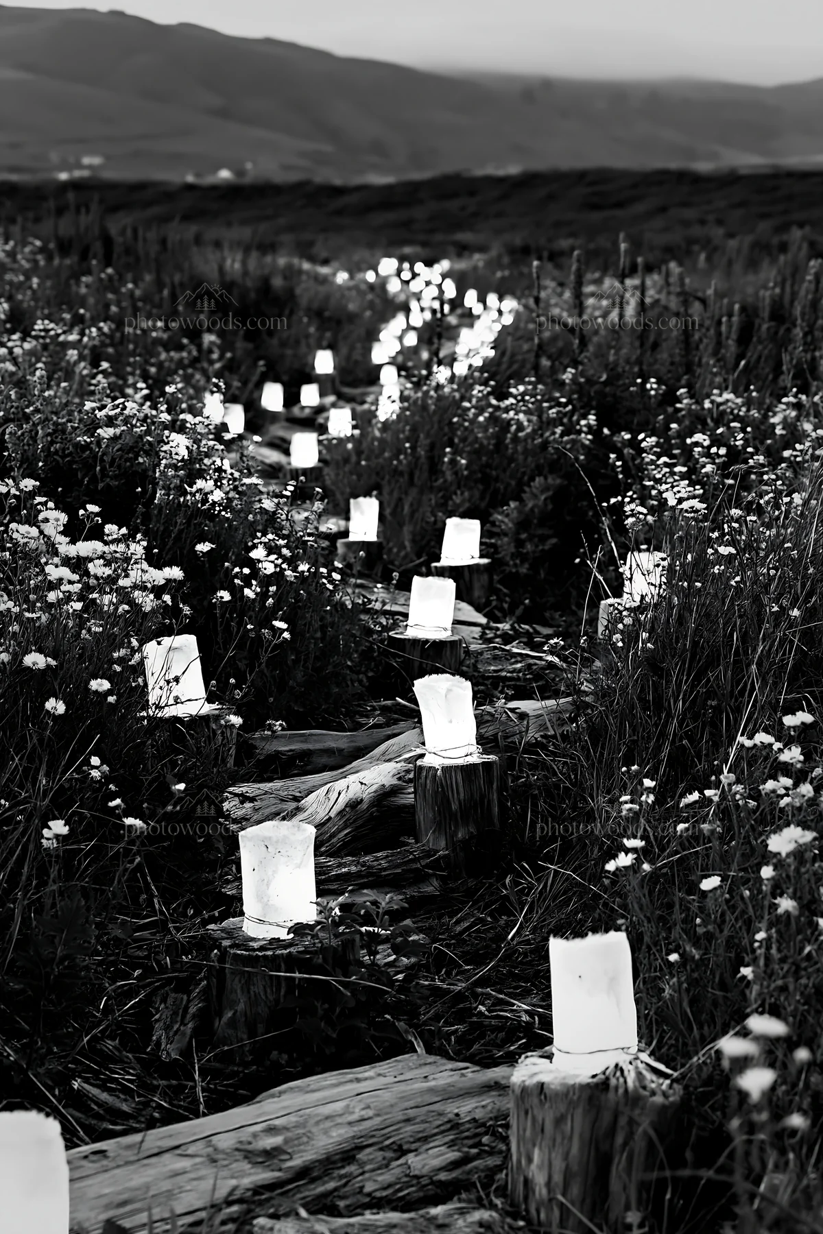 Christmas meadow with lights and driftwood in black and white - AI-generated stock image