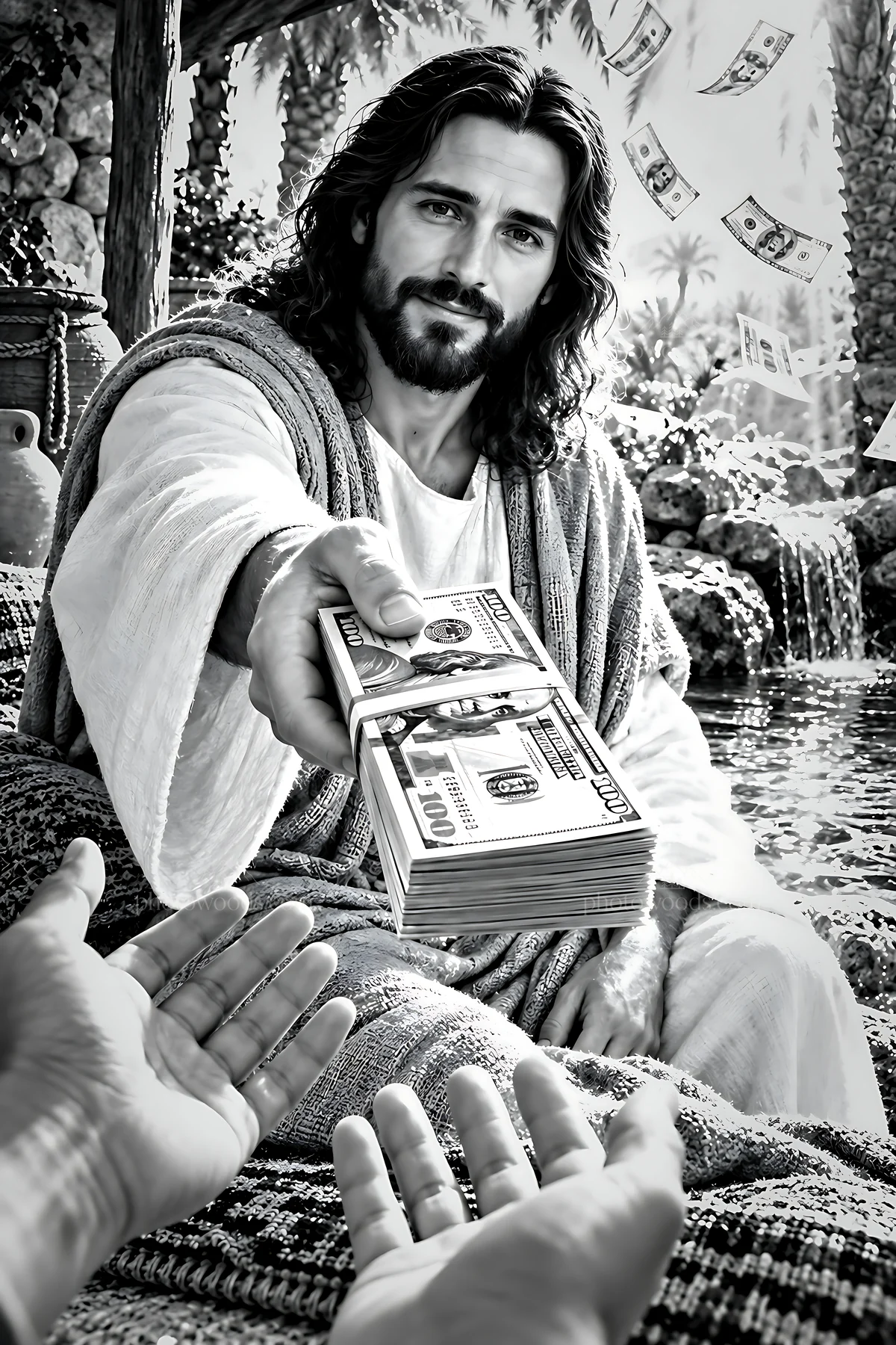 Cash exchange at a shelter in the desert - AI-generated stock image